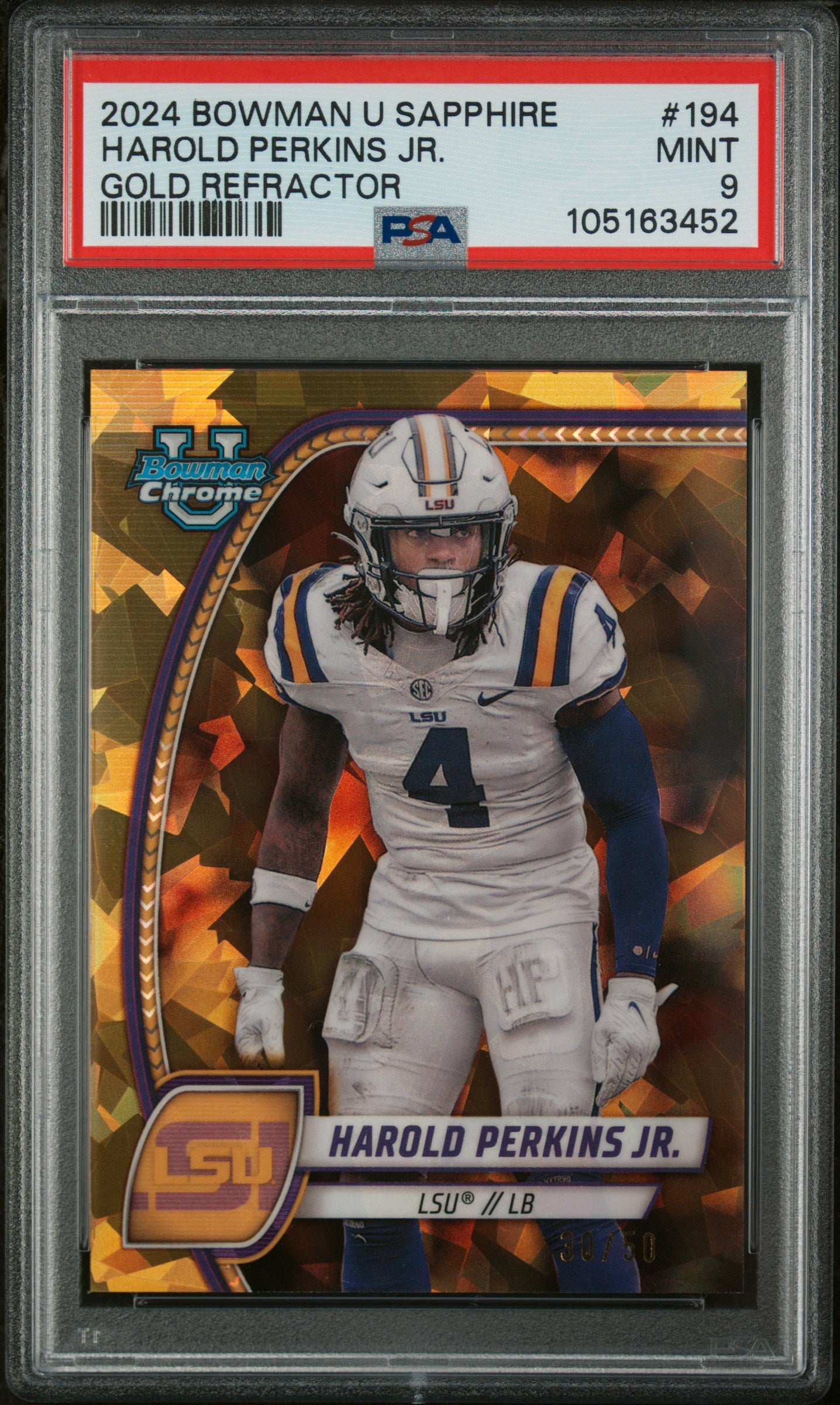 2024 Bowman University Chrome Sapphire #194 Harold Perkins Gold Refractor PSA 9