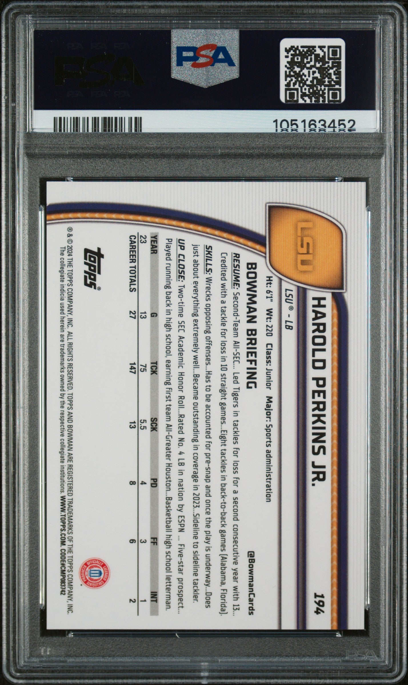 2024 Bowman University Chrome Sapphire #194 Harold Perkins Gold Refractor PSA 9
