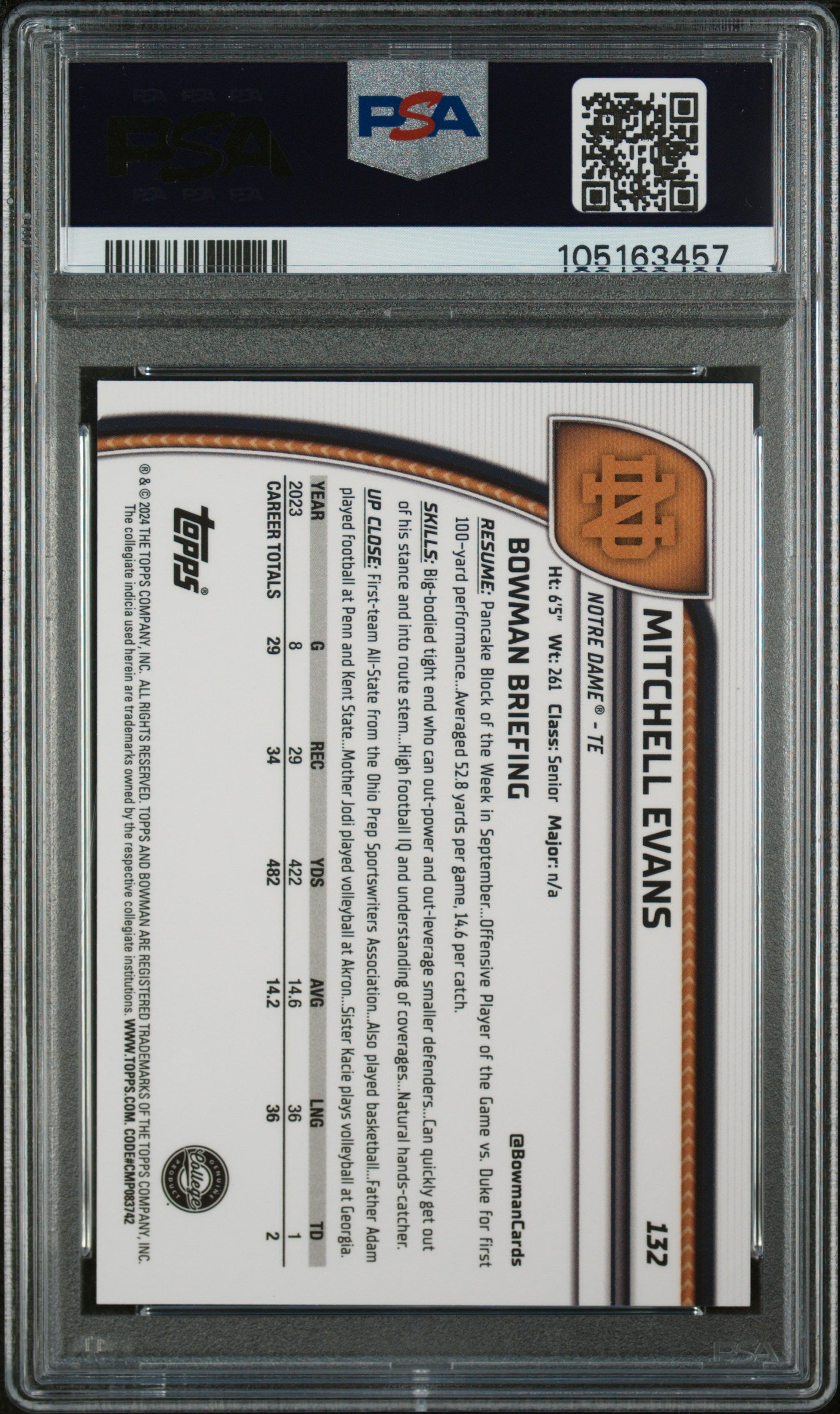 2024 Bowman University Chrome #132 Mitchell Evans Orange Refractor PSA 10