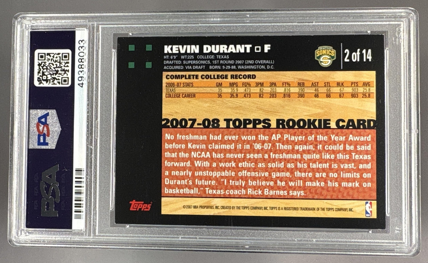 2007 Topps Rookie Card Kevin Durant #2 /14 PSA 8