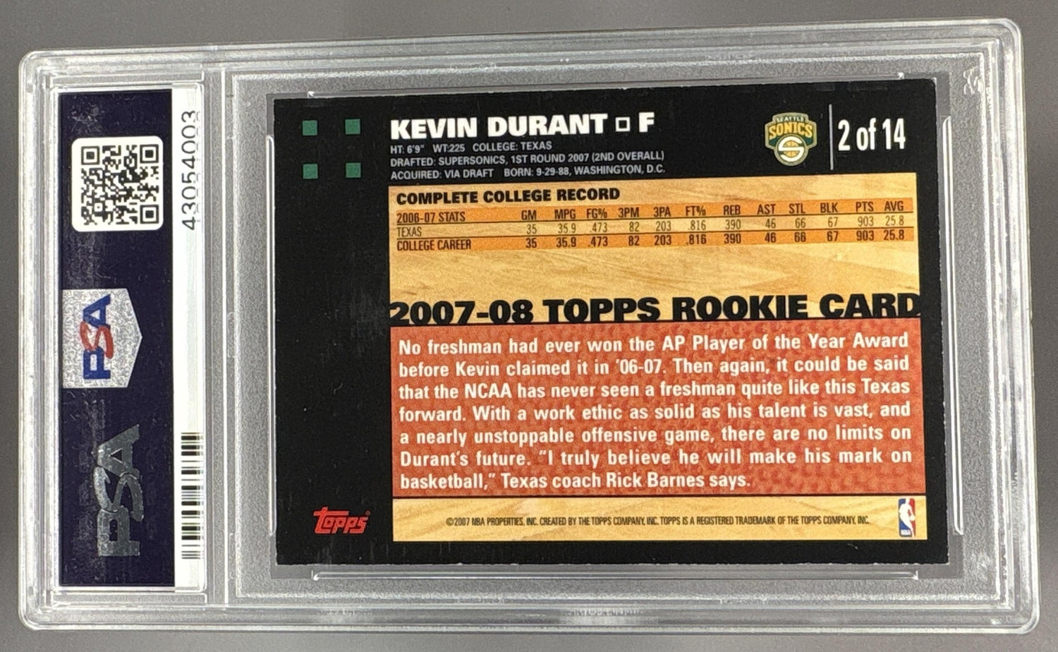 2007 Topps Rookie Card Orange Kevin Durant #2 PSA 8