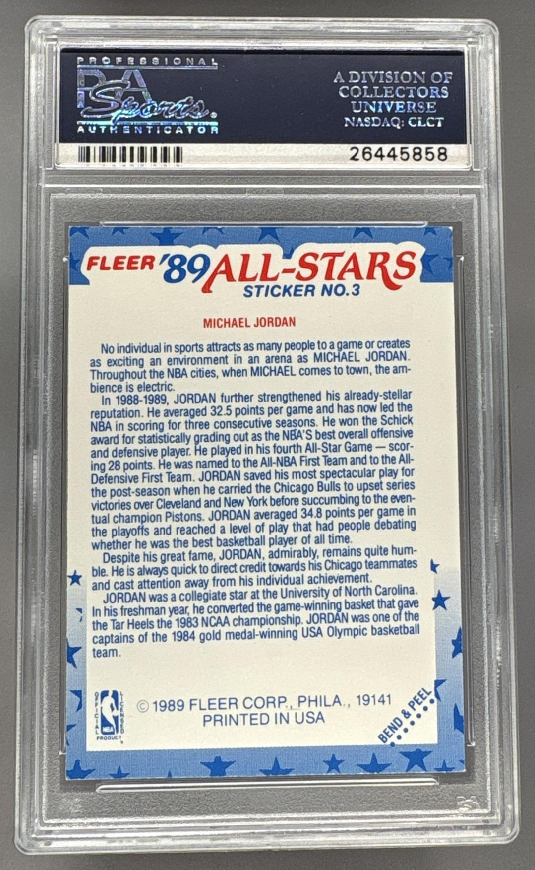 1989 Fleer Sticker All Stars Michael Jordan #3 PSA 9