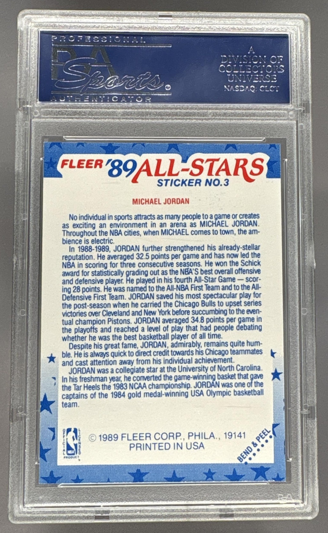 1989 Fleer Sticker All Stars Michael Jordan #3 PSA 9
