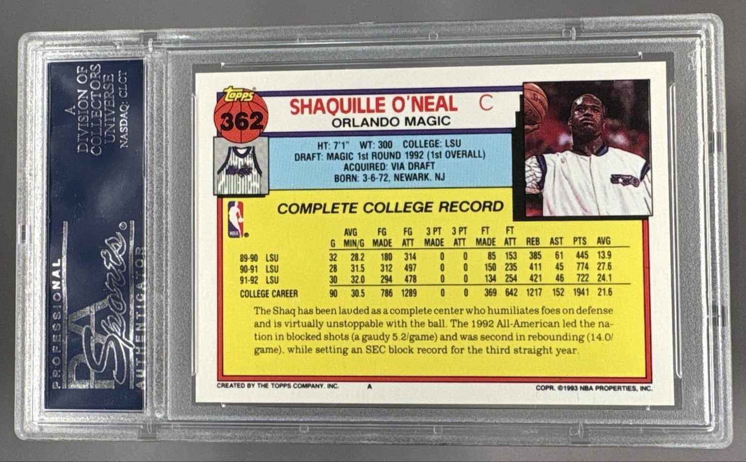 1992 Topps Shaquille O'Neal #362 PSA 10