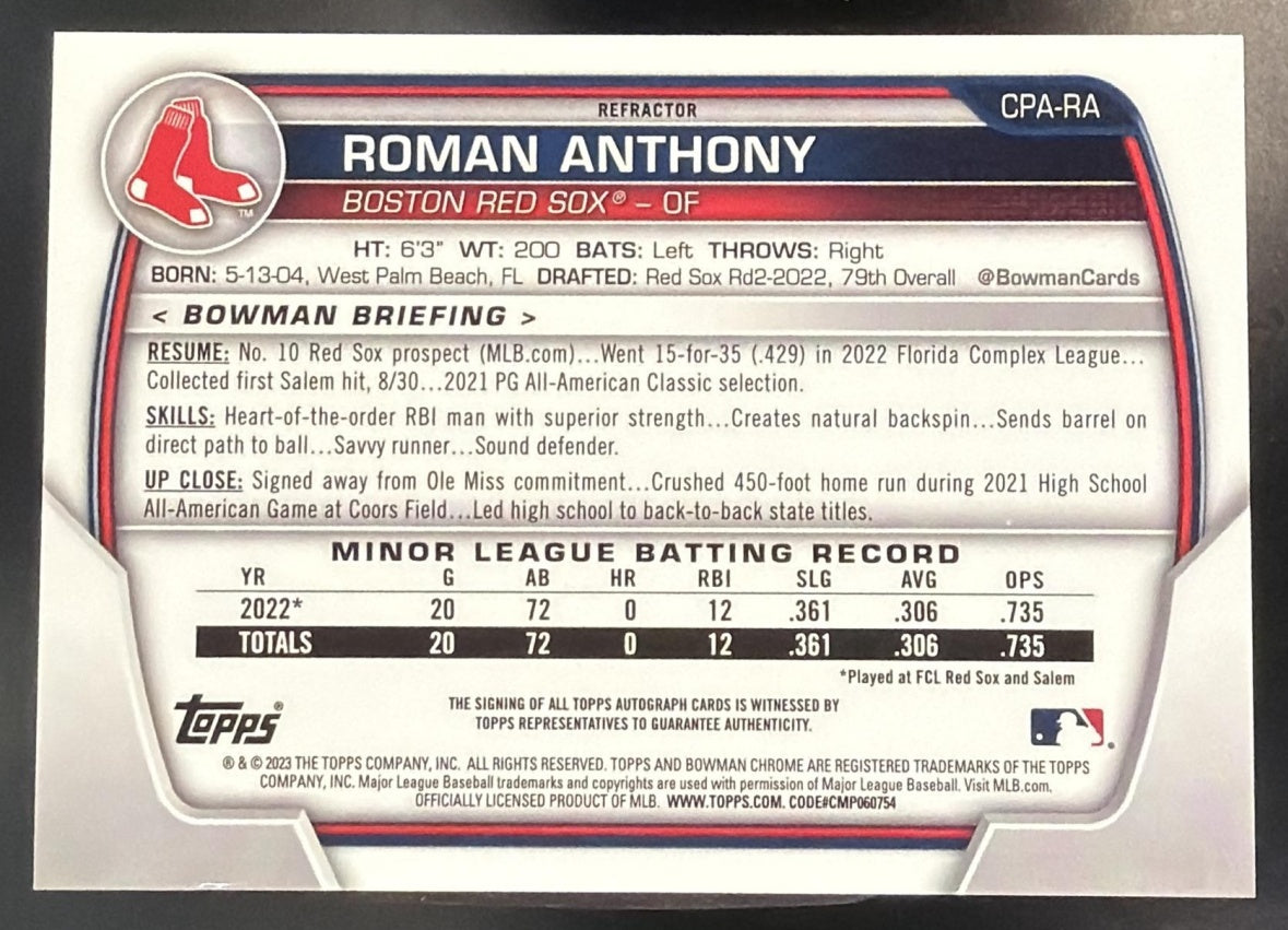 2023 Bowman Roman Anthony #CPA-RA Chrome Auto Refractor /499 1st Prospect