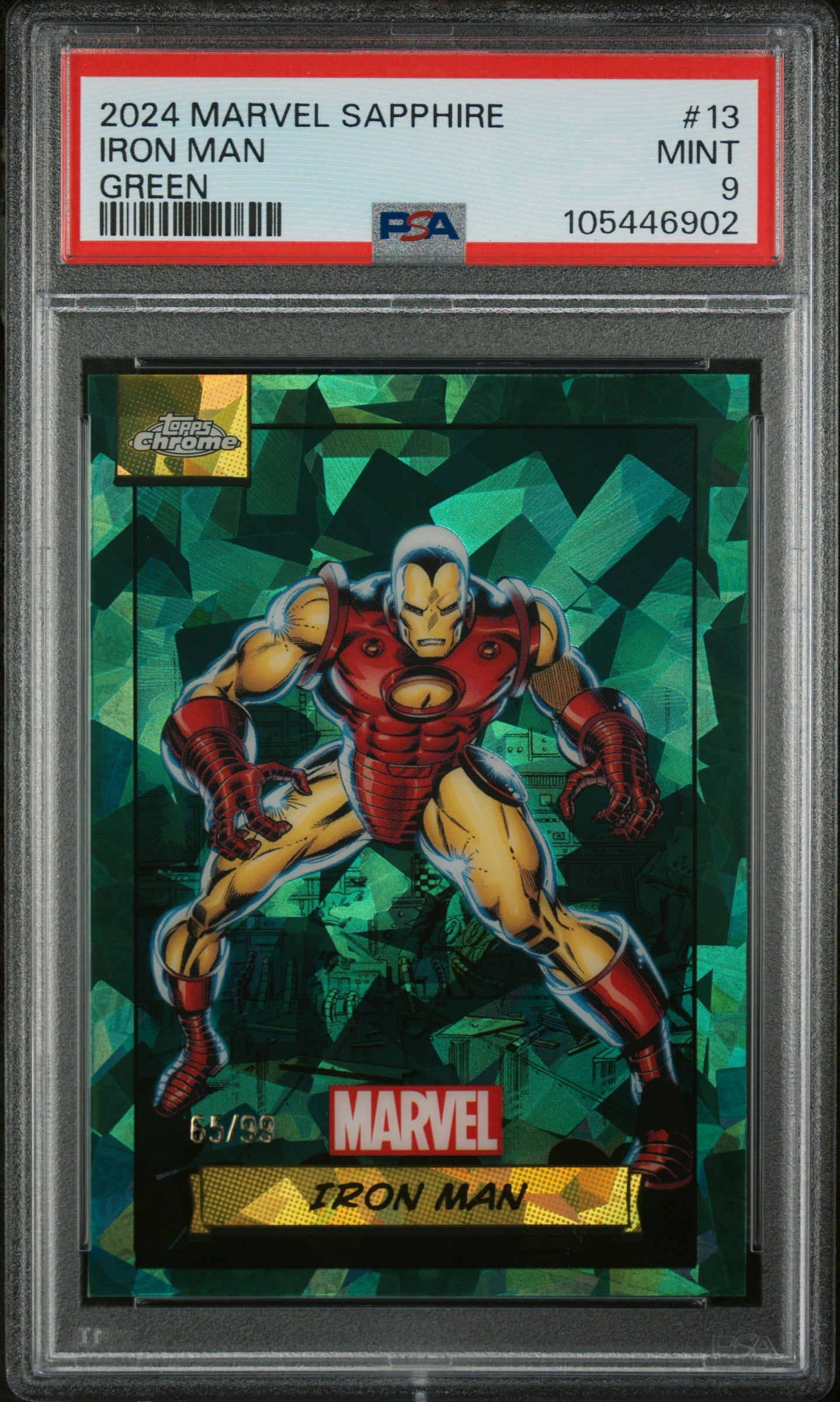 2024 Topps Chrome Marvel Sapphire Edition Green Iron Man #13 /99 PSA 9