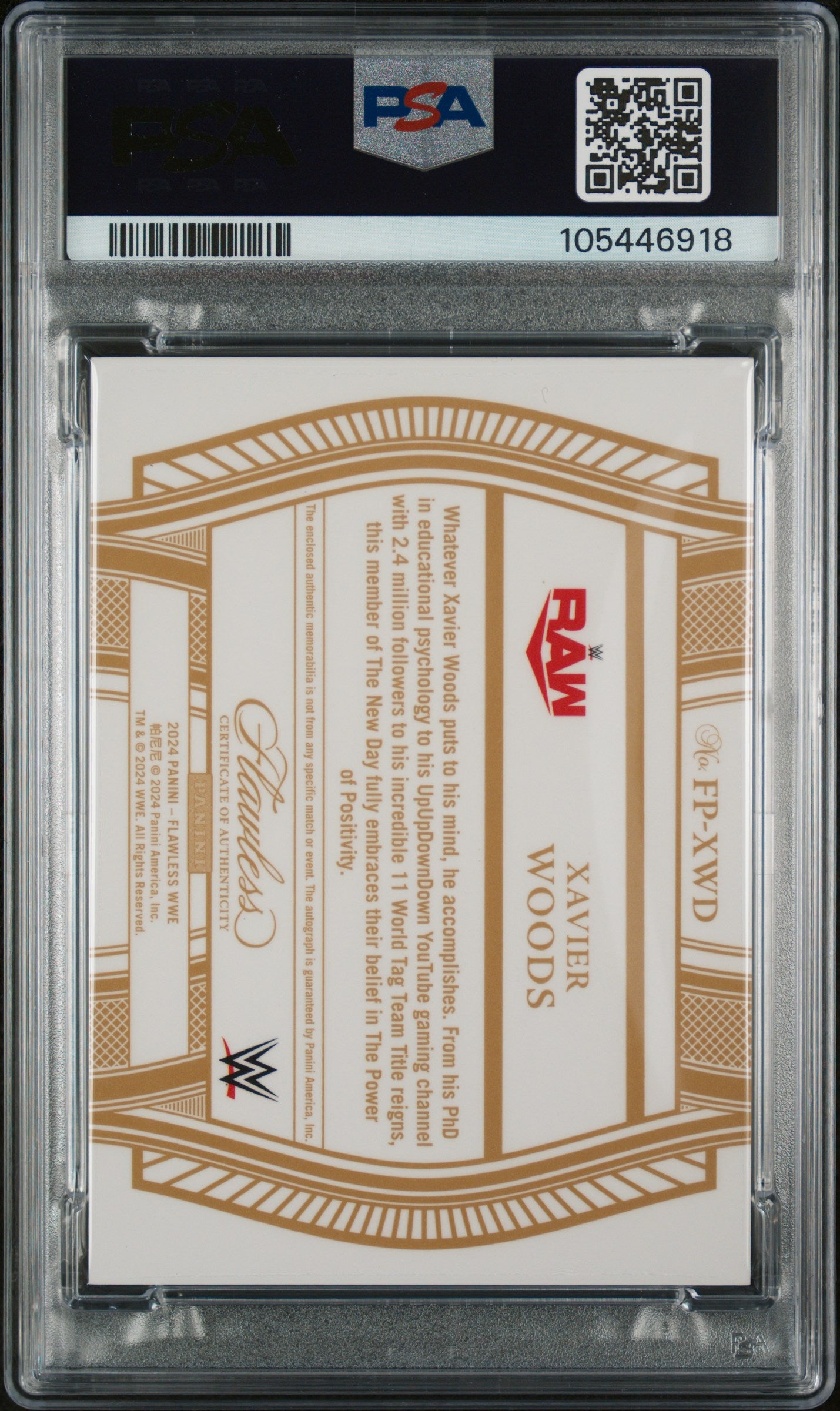 2024 Panini Flawless Gold Xavier Woods #FPXWD Patch Auto 1/1 PSA 9
