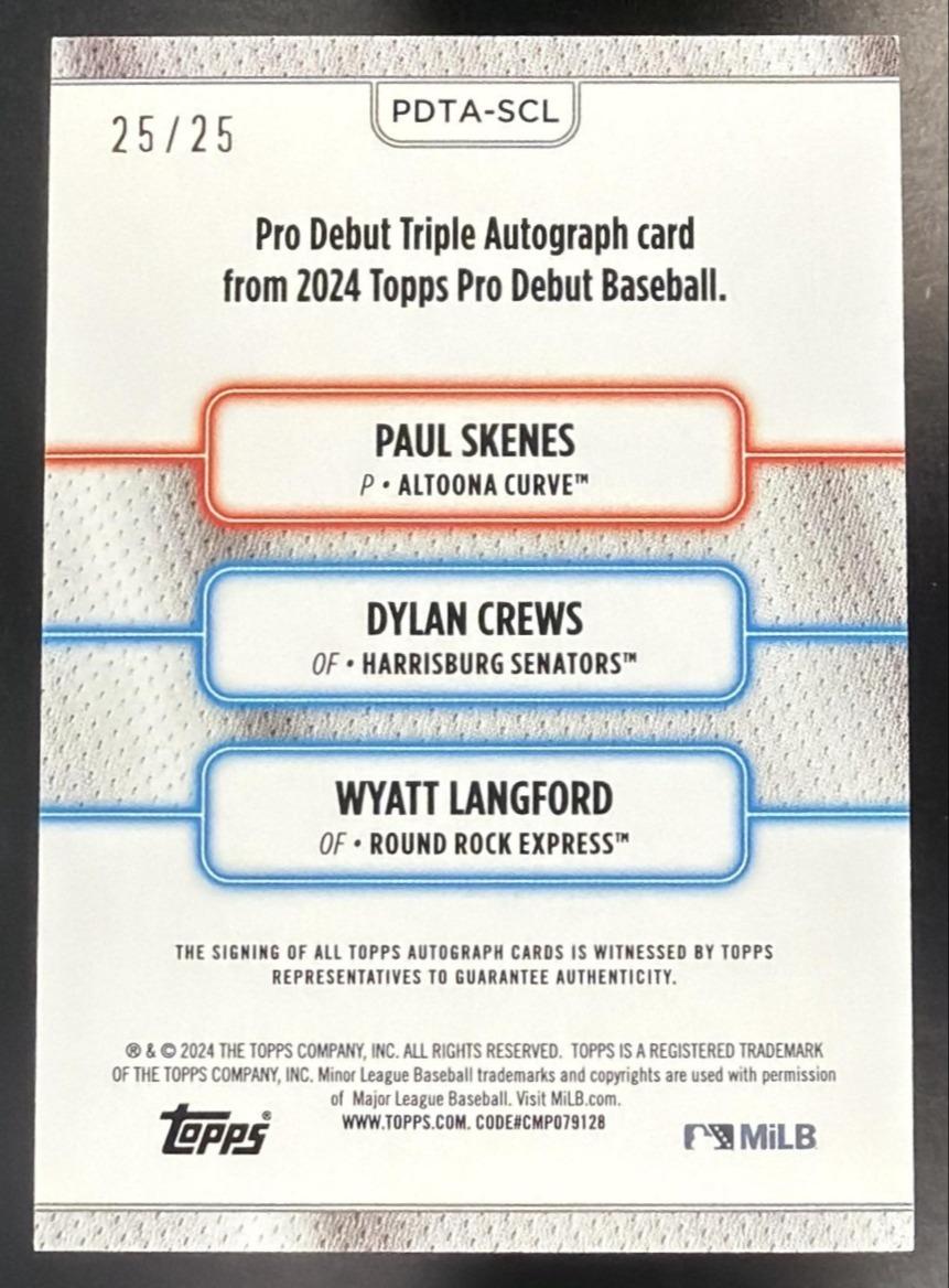 2024 Topps Pro Debut Dylan Crews Wyatt Langford Paul Skenes #PDTA-SCL Triple Auto /25