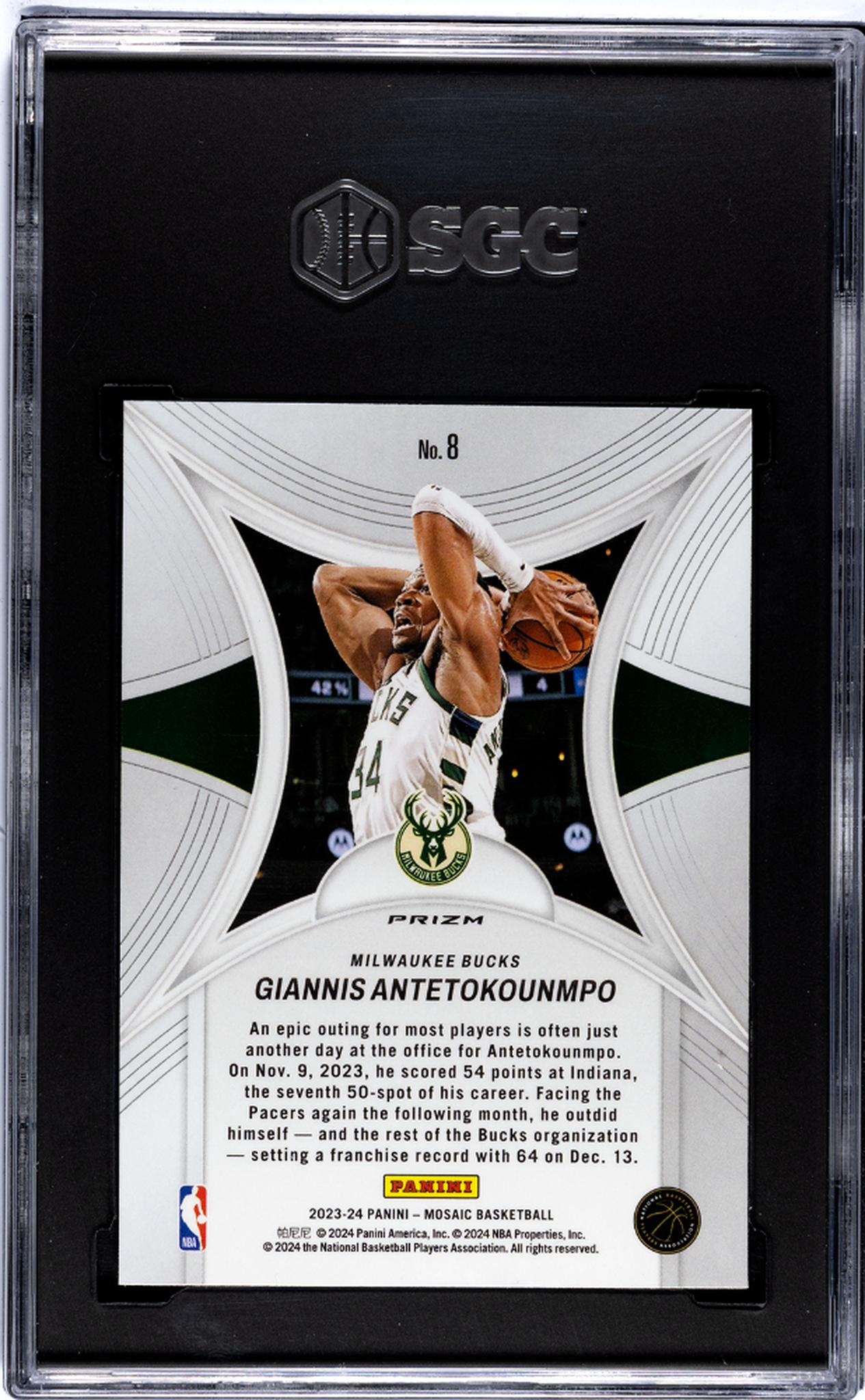 2023-24 Panini Mosaic #8 Giannis Antetokounmpo Epic Performers Mosaic Prizm SGC 10