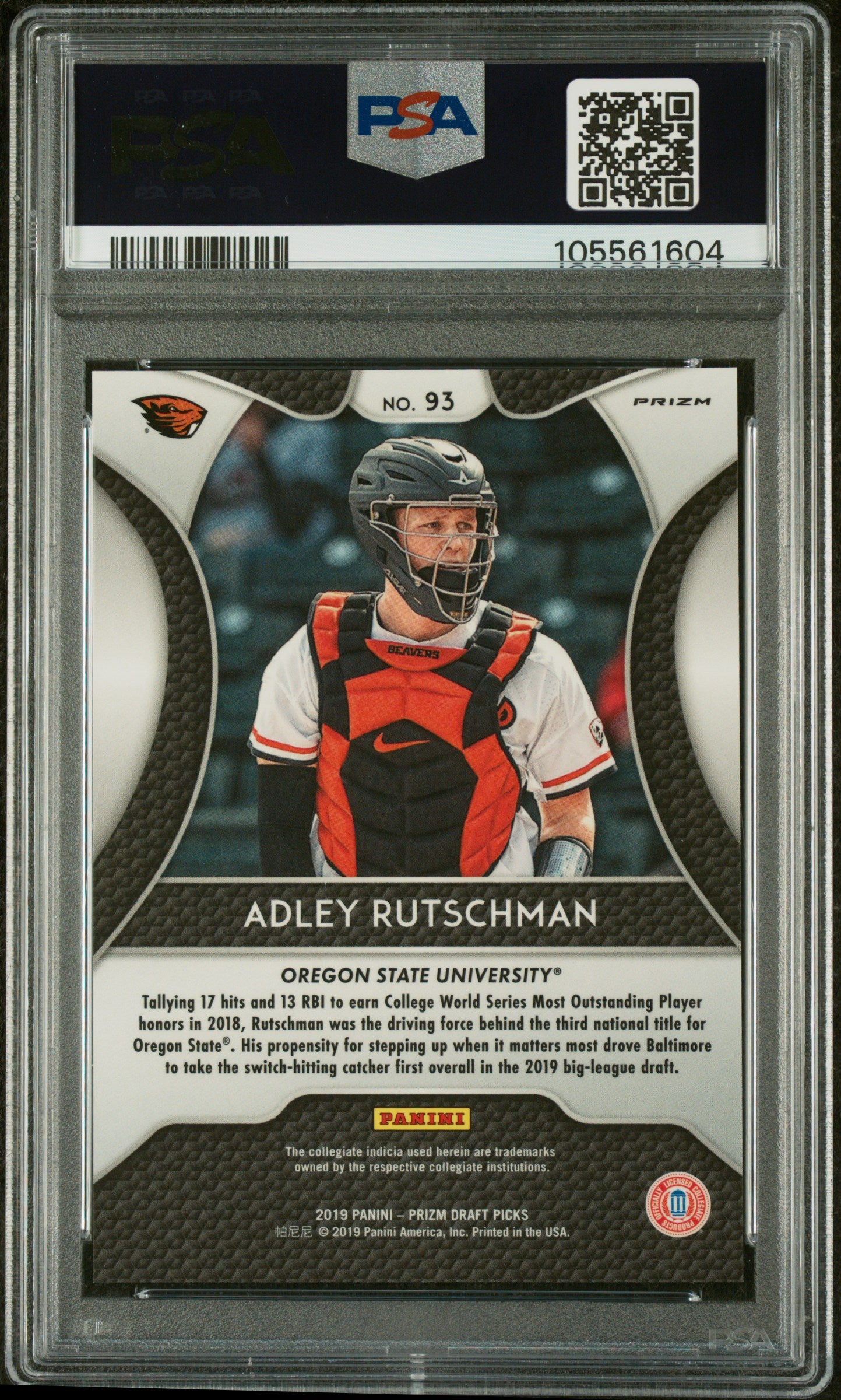 2019 Panini Prizm Draft Picks Red/Black Snakeskin Adley Rutschman #93 PSA 10