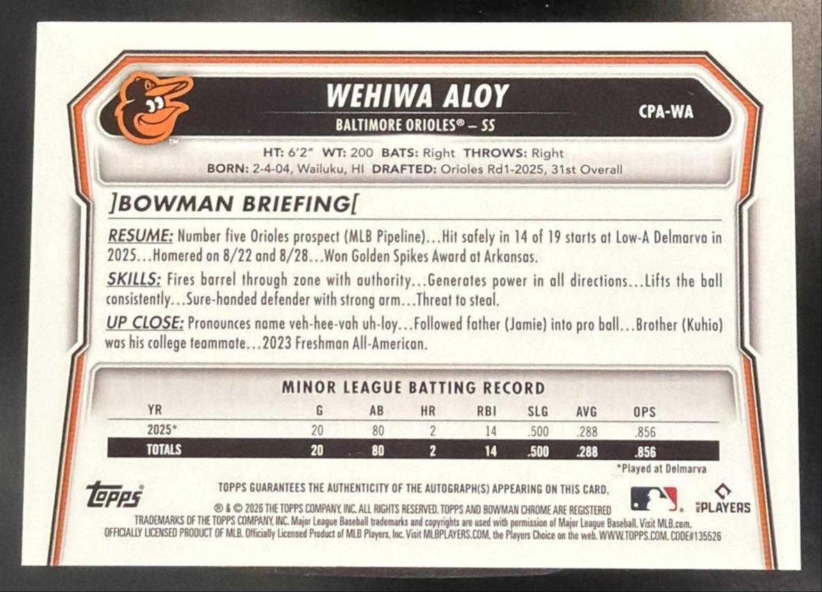 2026 Bowman Wehiwa Aloy #CPA-WA Chrome Auto Blue Refractor /150 1st Prospect