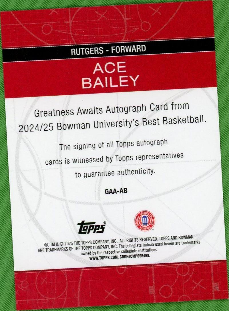 2025 Bowman Best Ace Bailey Greatness Awaits Gold Geometric Auto /50