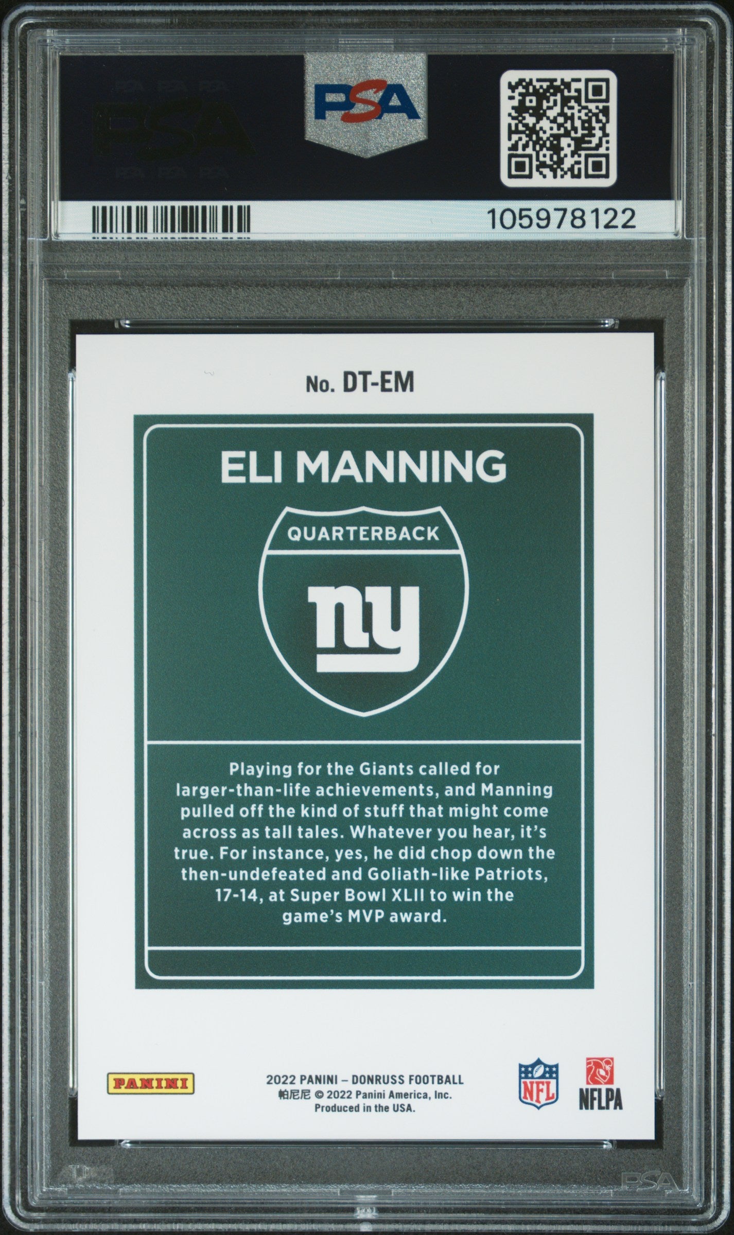 2022 Panini Donruss Downtown Eli Manning #DT-EM PSA 9