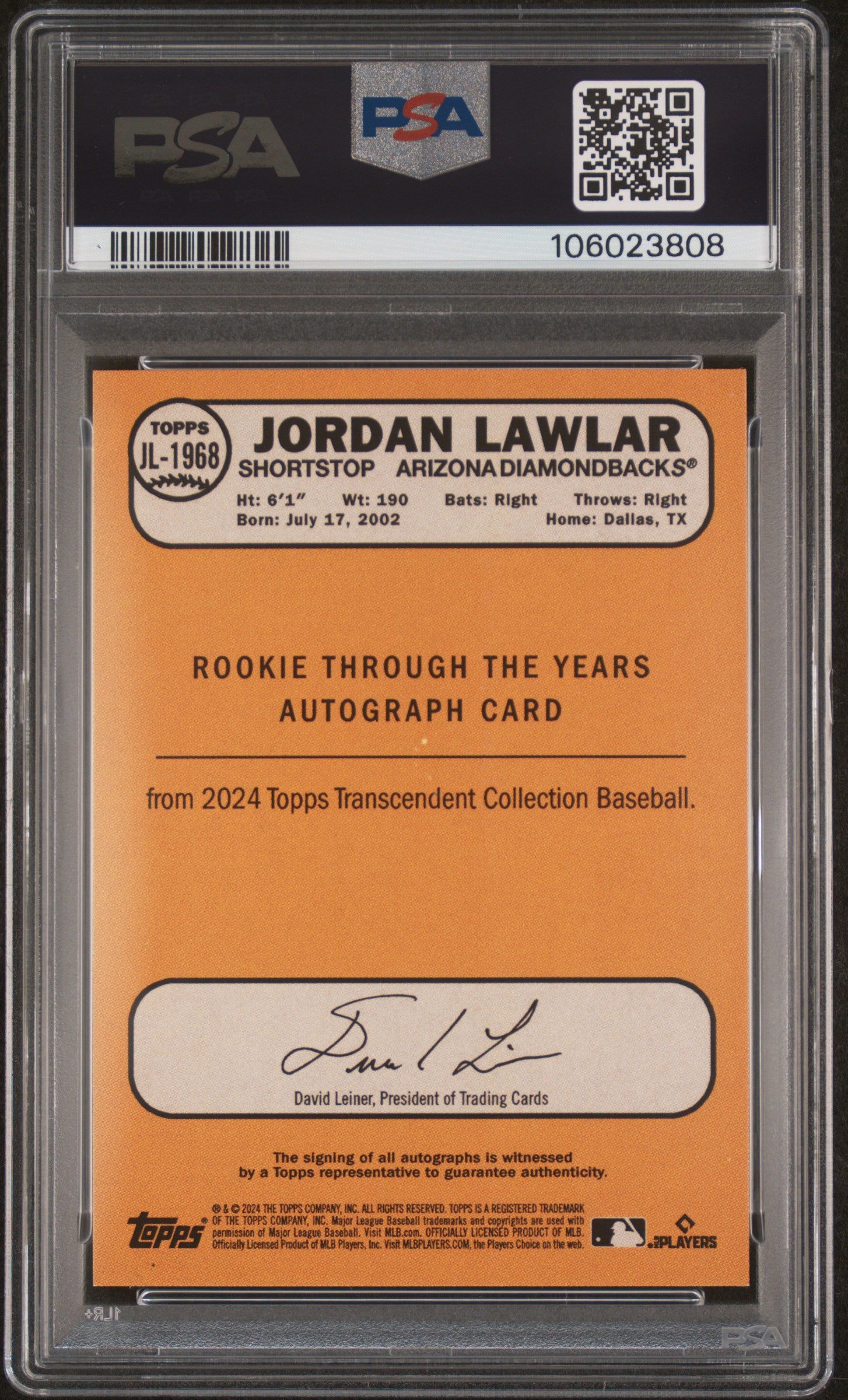2024 Transcendent Collection # Jordan Lawlar Rookie Through the Years 1/1 PSA 10