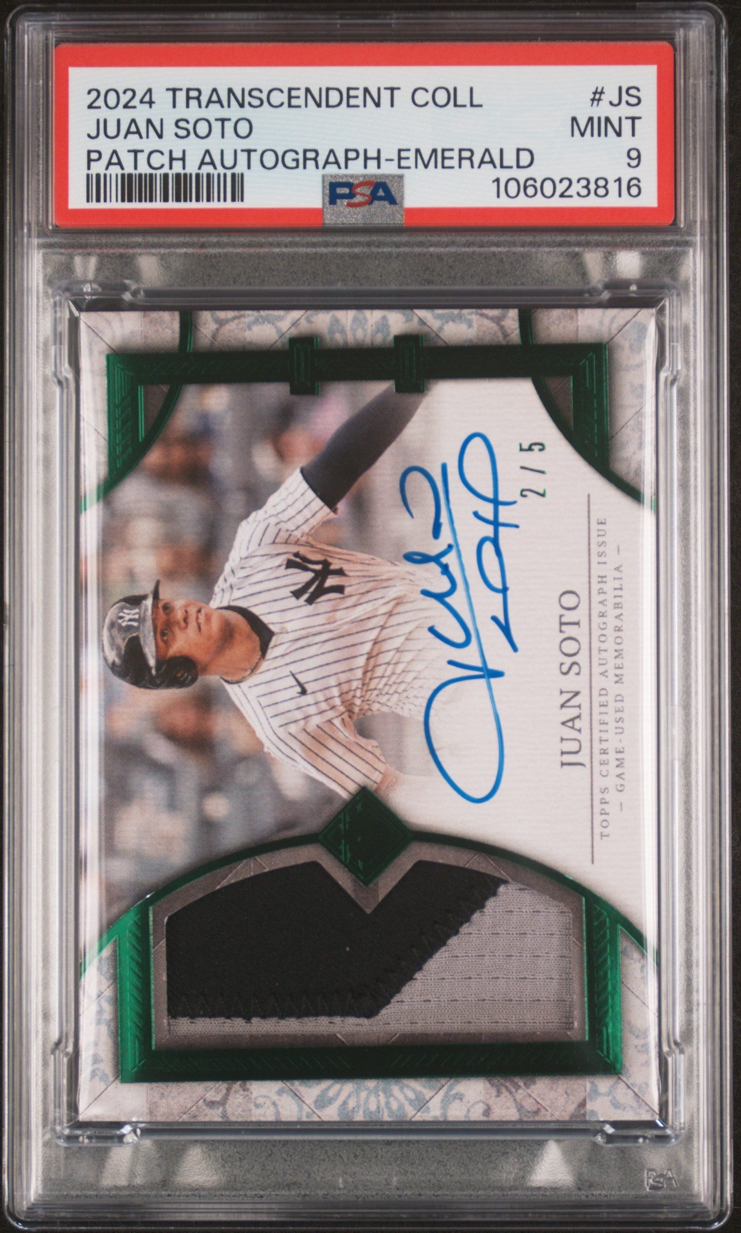 2024 Topps Transcendent Collection Emerald Juan Soto #JS Patch Auto /5 PSA 9