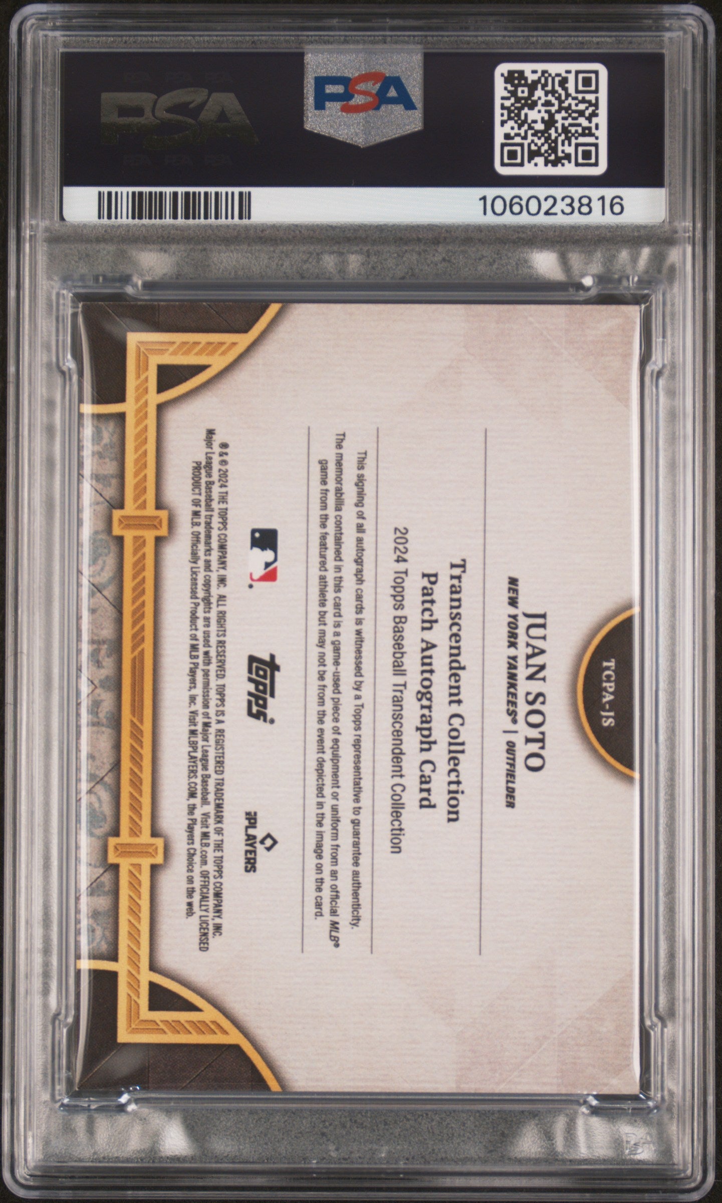 2024 Topps Transcendent Collection Emerald Juan Soto #JS Patch Auto /5 PSA 9