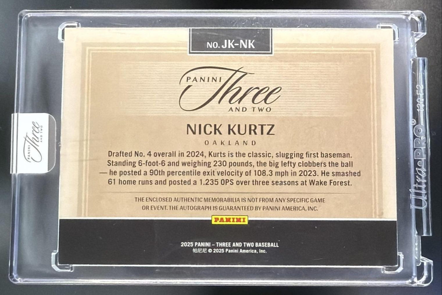 2025 Panini Three and Two Nick Kurtz #19 Jersey Auto Holo Gold 1/10 MEM A's