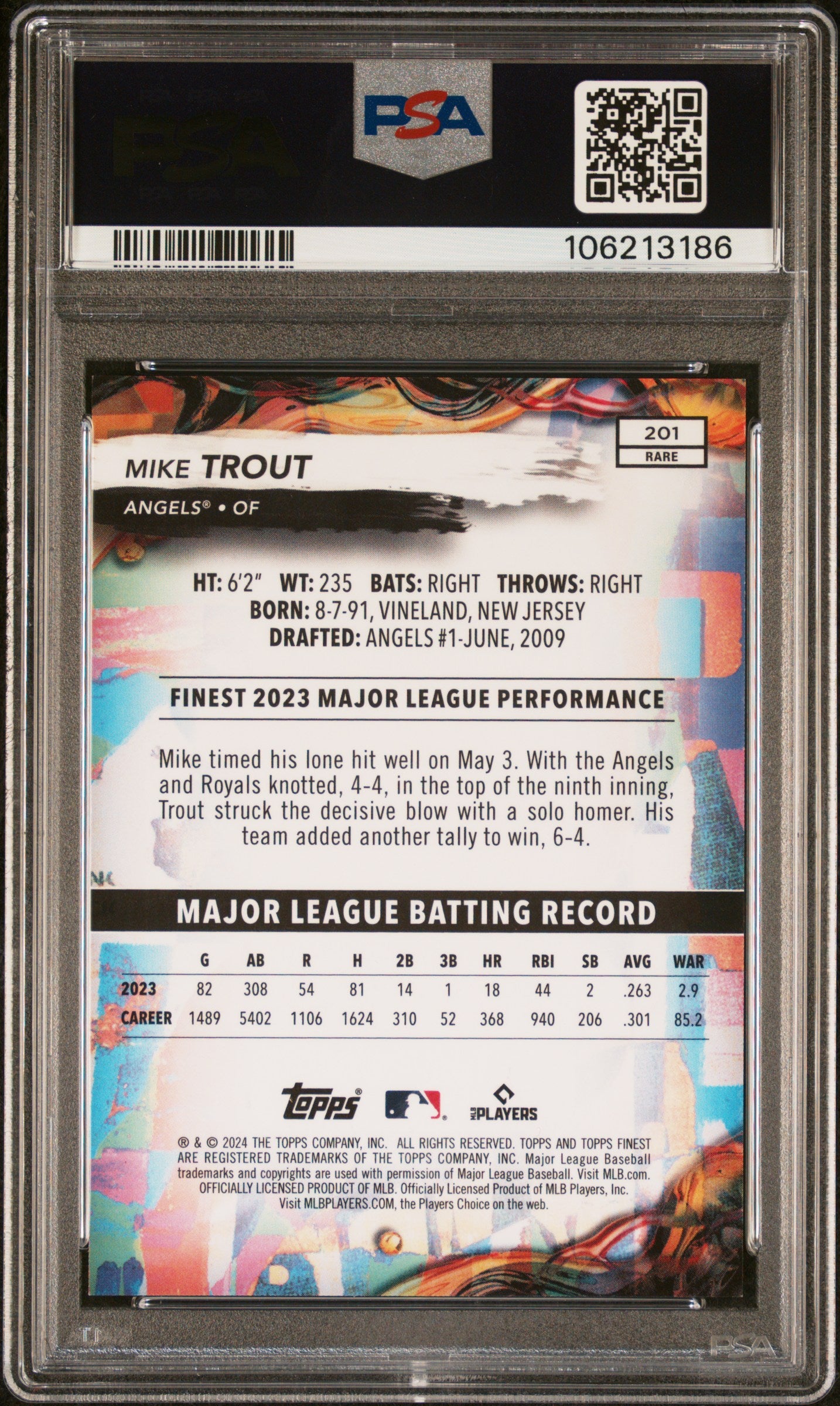 2024 Topps Finest Black Refractor Mike Trout #201 /10 PSA 10