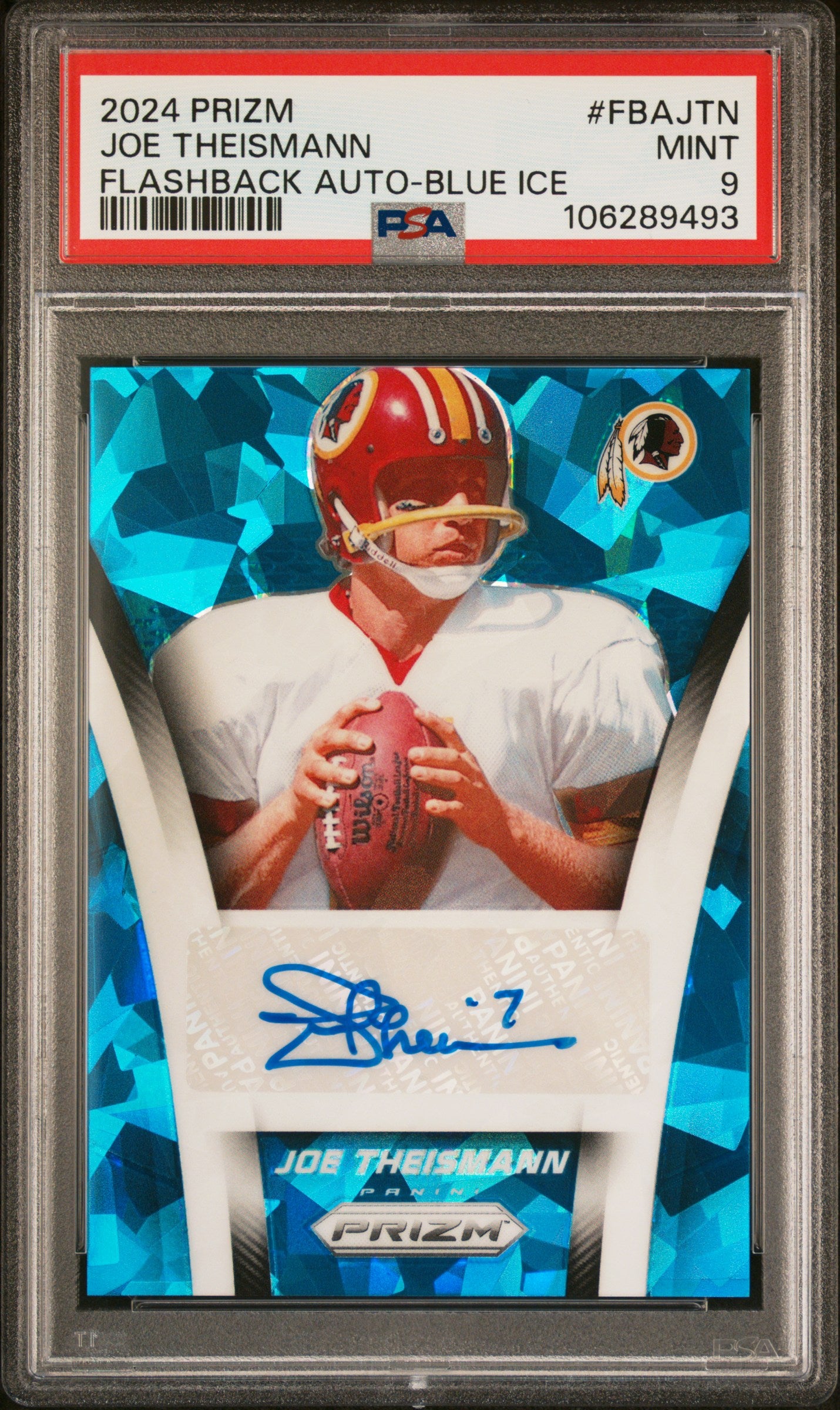 2024 Prizm #FBA-JTN Joe Theismann Flashback Auto-Blue Ice /99 Auto PSA 9