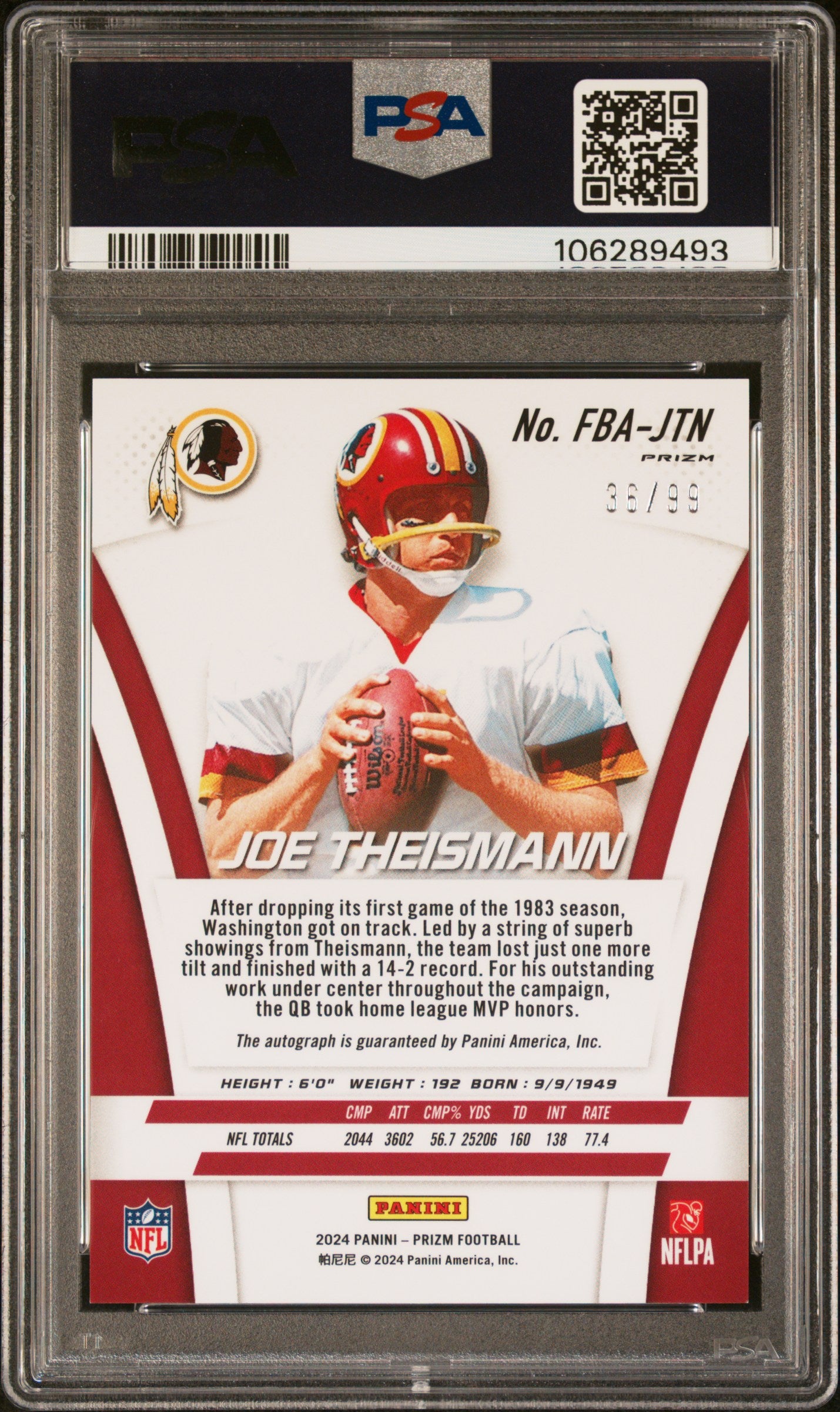 2024 Prizm #FBA-JTN Joe Theismann Flashback Auto-Blue Ice /99 Auto PSA 9