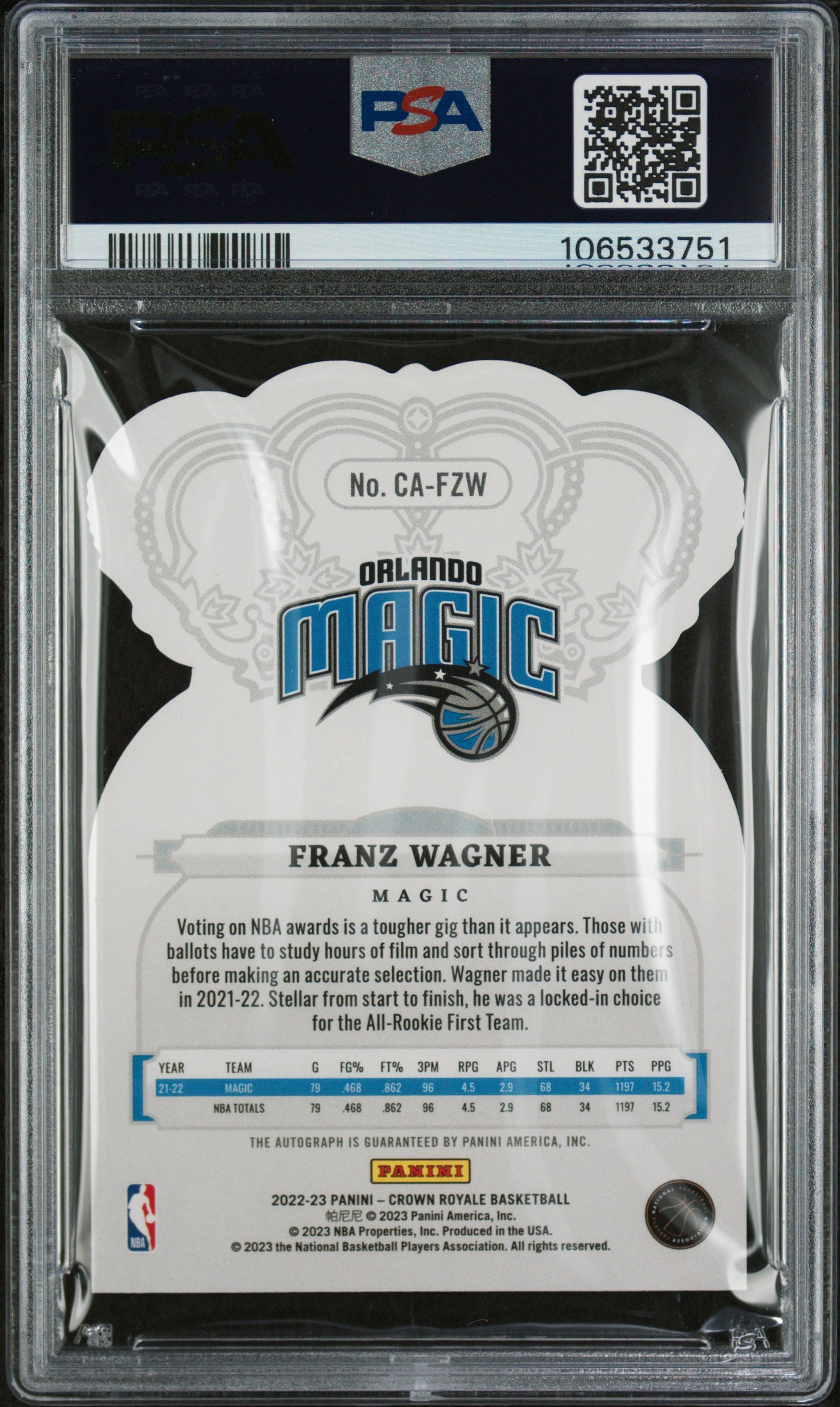 2022 Crown Royale #23 Franz Wagner Crown Autograph /99 PSA 9