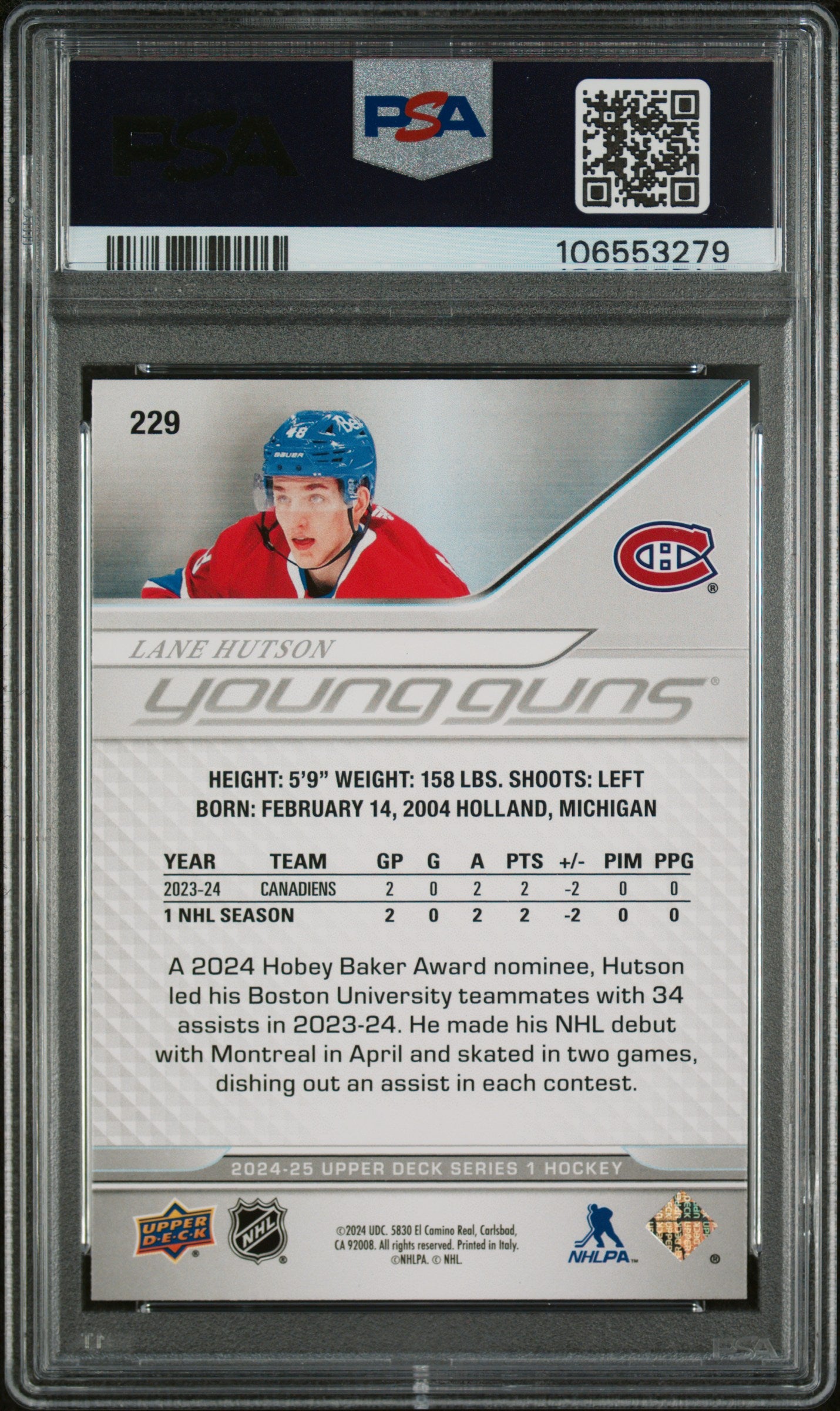 2024 Upper Deck Young Guns Lane Hutson #229 PSA 9