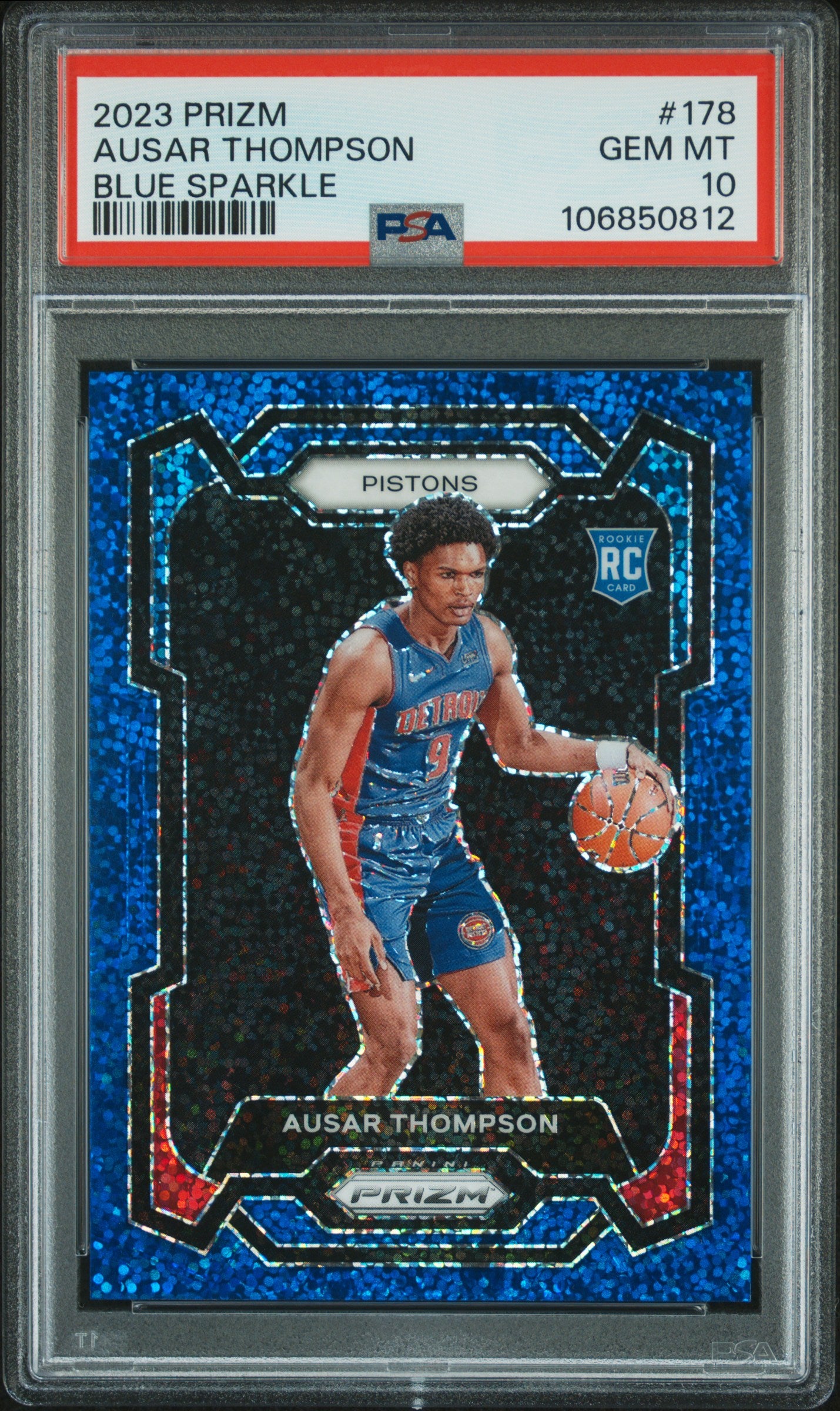 2023 Panini Prizm Blue Sparkle Ausar Thompson #178 RC /144 PSA 10