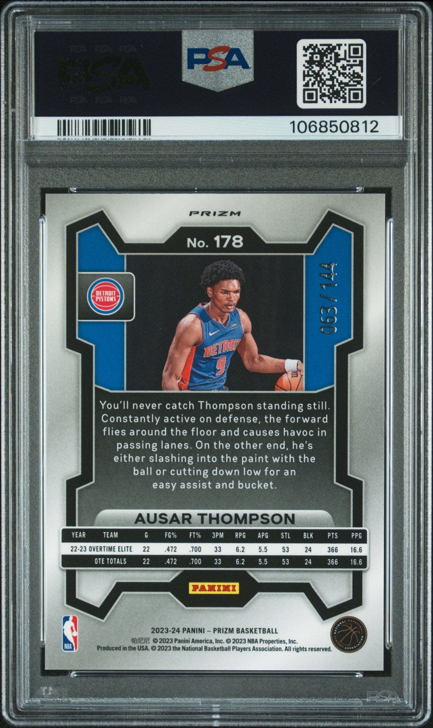 2023 Panini Prizm Blue Sparkle Ausar Thompson #178 RC /144 PSA 10