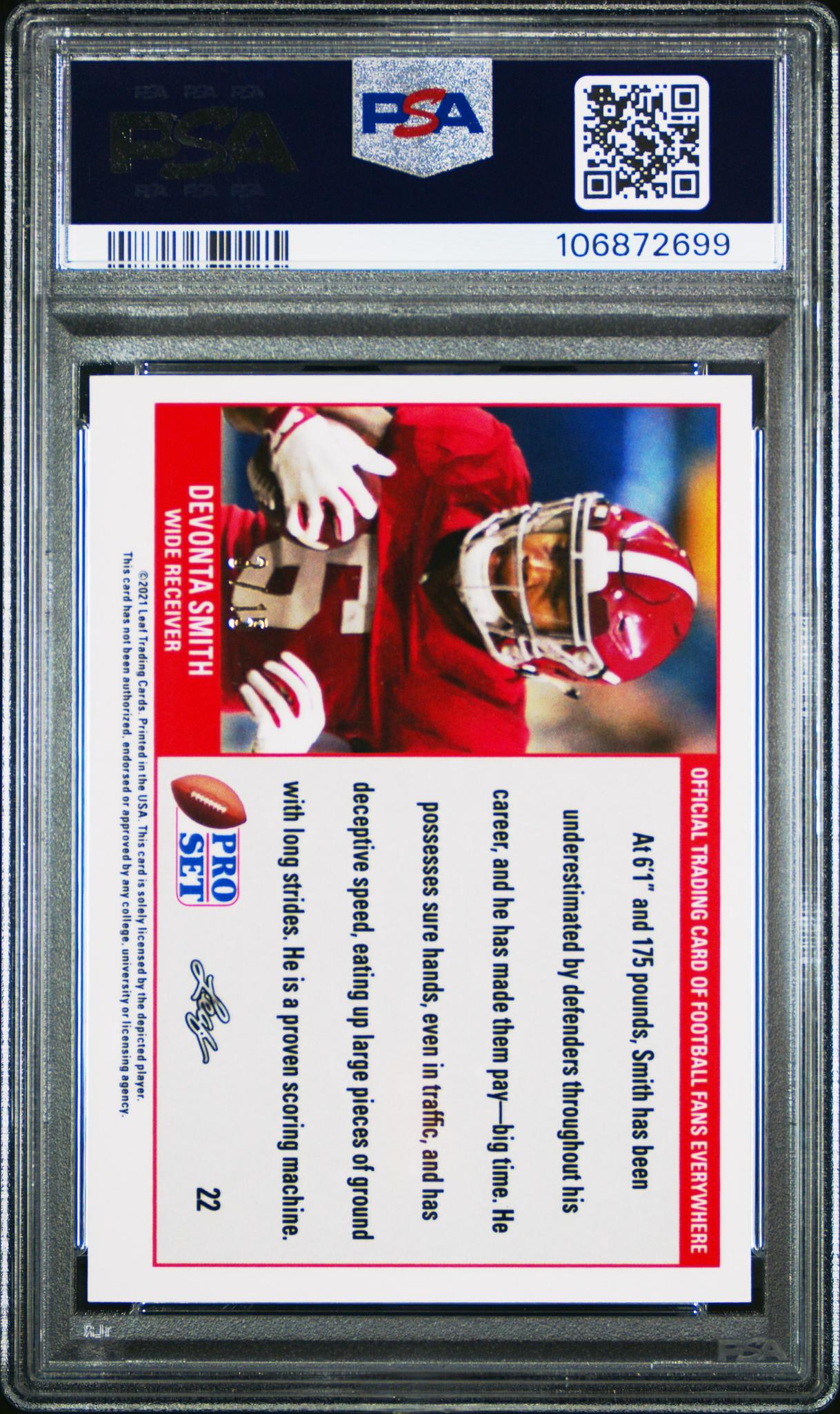 2021 Leaf Pro Set Metal '89 XRC Ebony Mojo DeVonta Smith #22 RC PSA 10