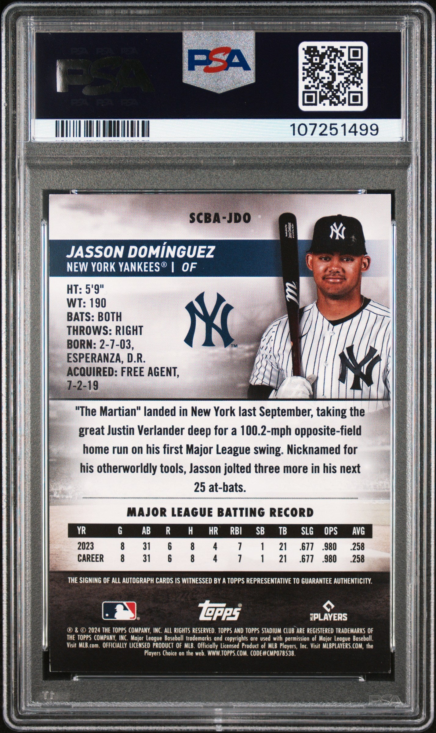 2024 Topps Stadium Club Autograph Jasson Dominguez #SCBA-JDO RC Auto PSA 8