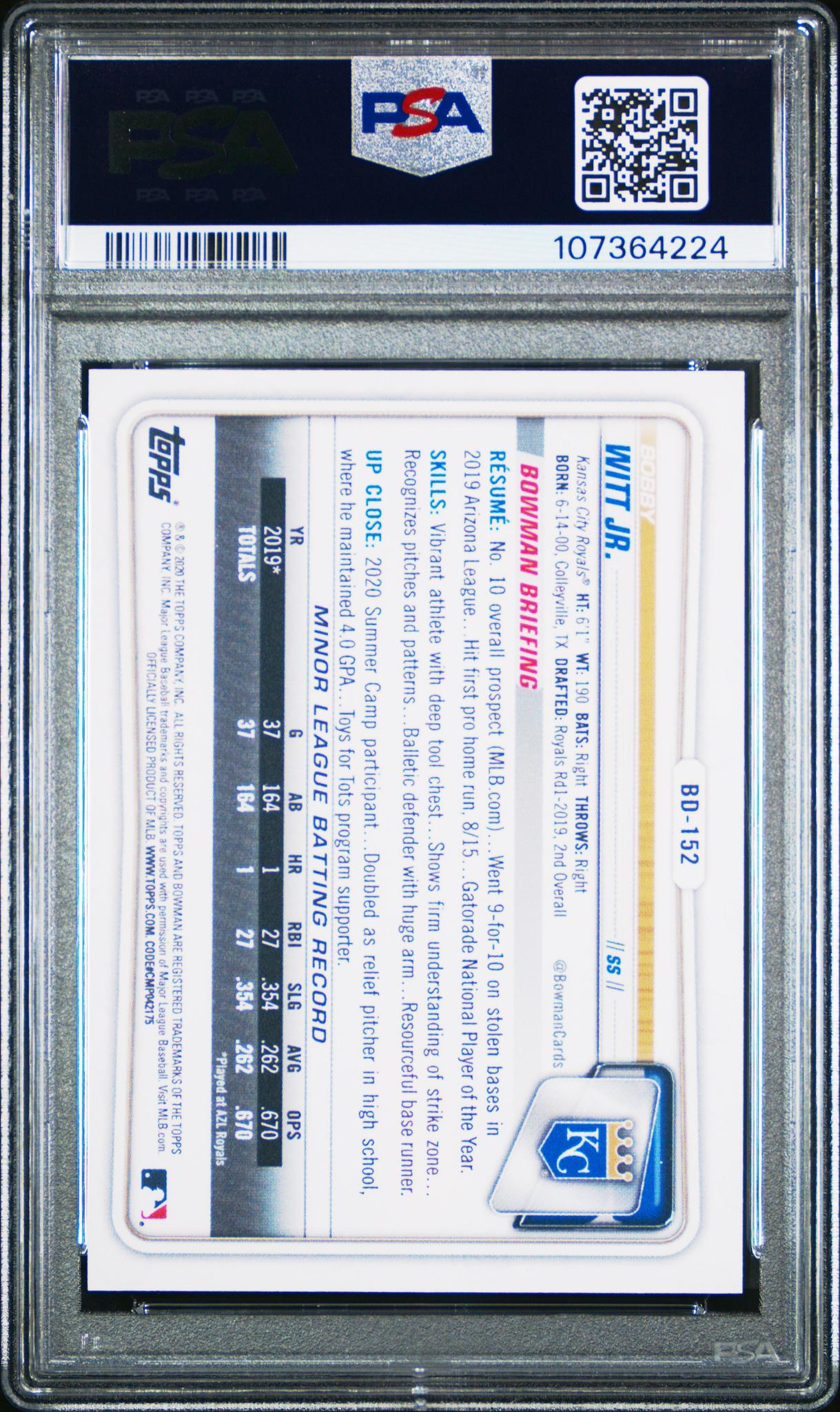 2020 Bowman Draft Sky Blue Bobby Witt Jr. #BD152 /499 PSA 9