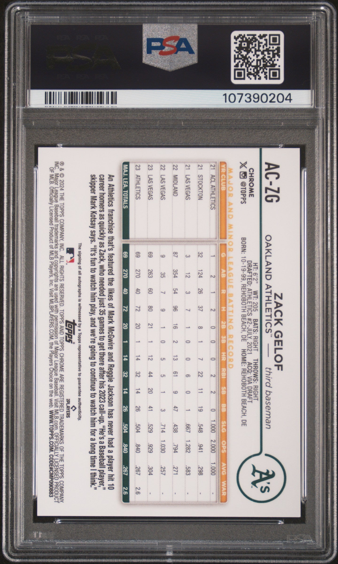 2024 Topps Chrome Update Orange Wave Zack Gelof #AC-ZG RC Auto /25 PSA 9 Auto 10