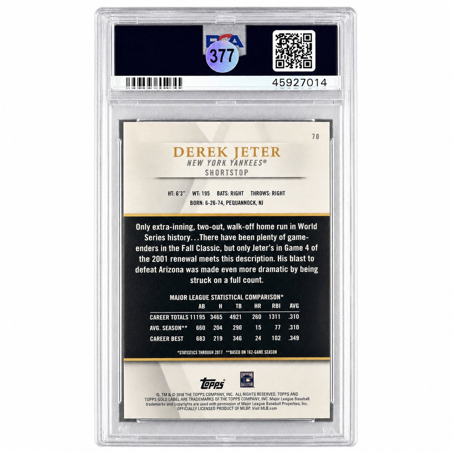 2018 Topps Gold Label Class 1-Red Derek Jeter #70 /75 PSA 9