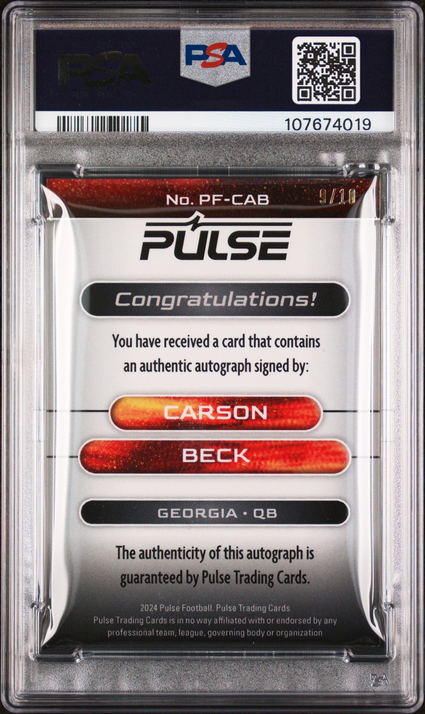 2024 Pulse Premiere Premiere Signatures Premiere Signature-Gold Carson Beck #PFCAB /10 PSA 9