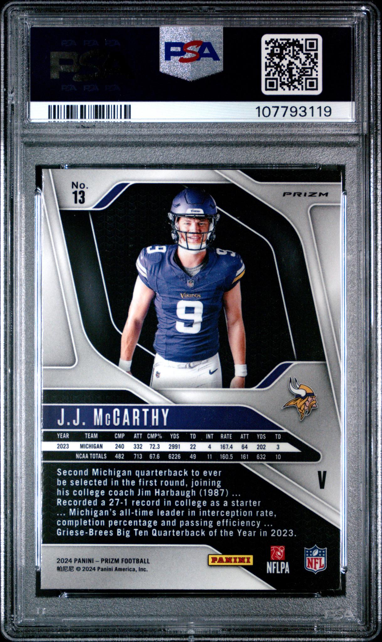 2024 Panini Prizm Rookie Variation JJ McCarthy #13 RC PSA 9