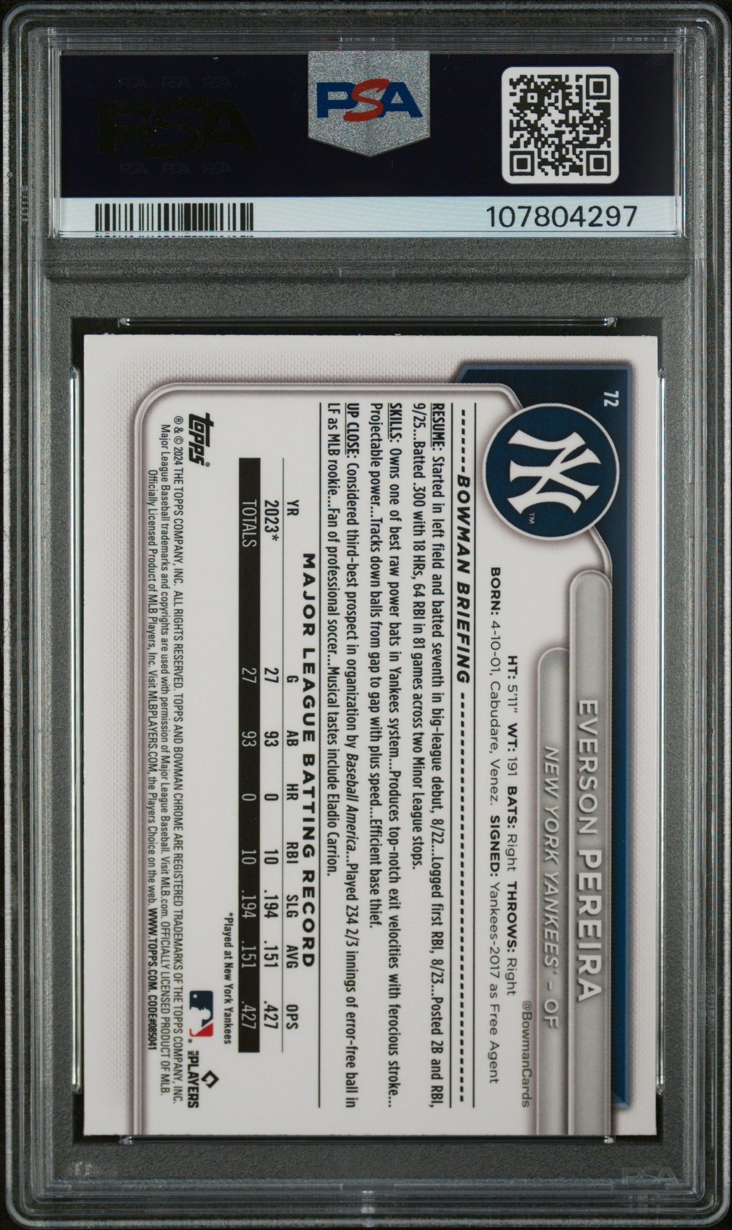 2024 Bowman Chrome Sapphire Edition Yellow Everson Pereira #72 RC /75 PSA 10
