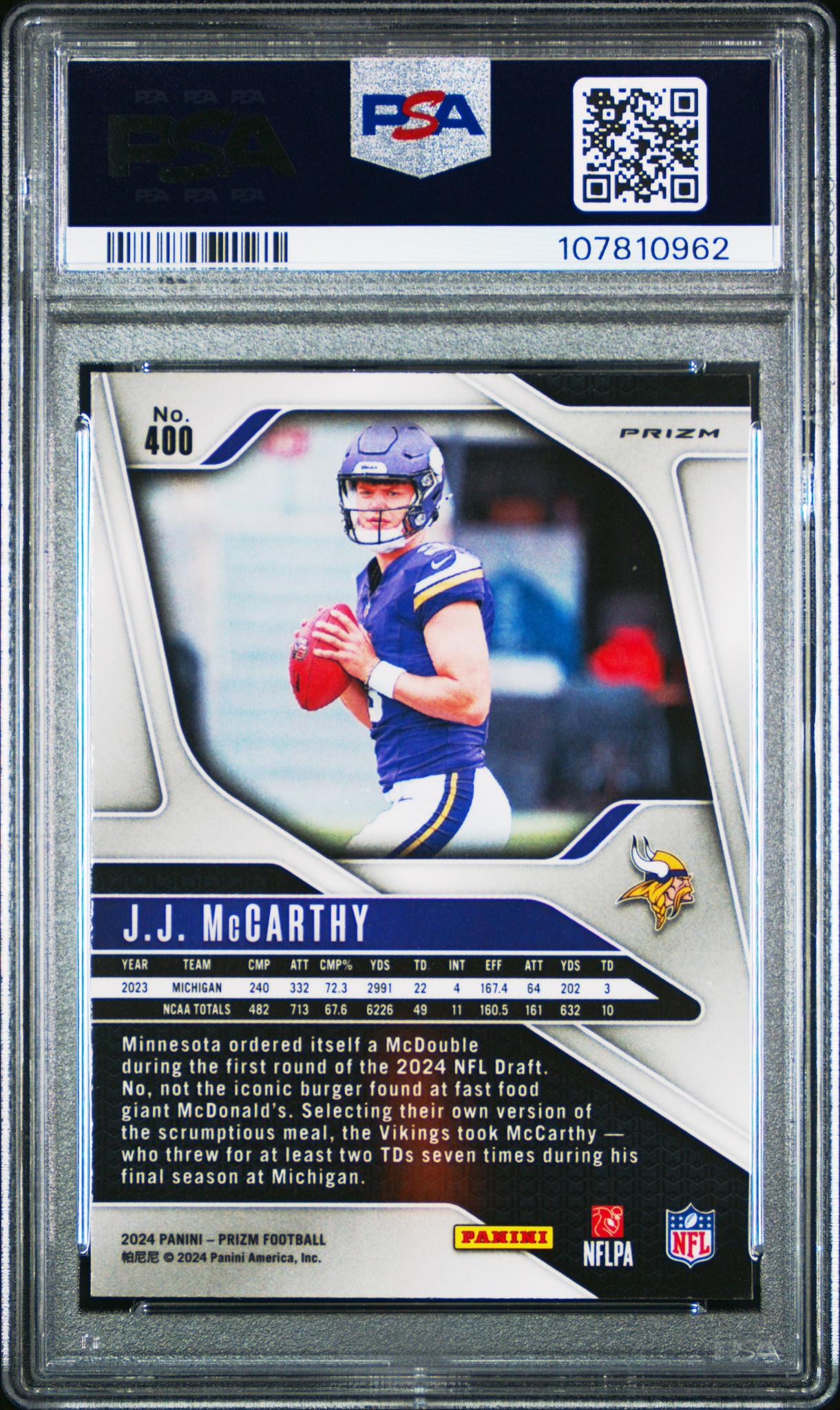 2024 Panini Prizm Silver Prizm JJ McCarthy #400 RC PSA 9