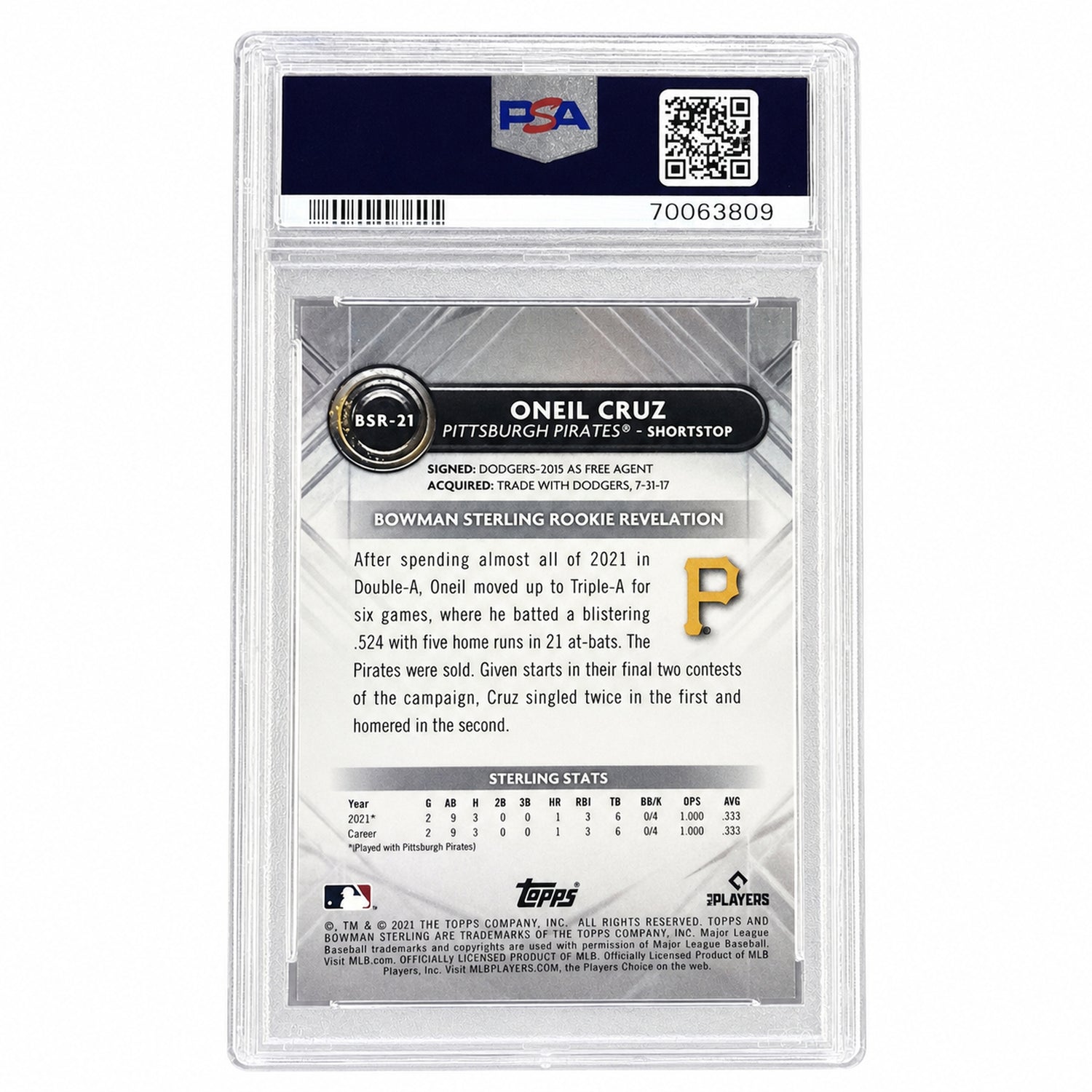2022 Bowman Sterling Speckle Refractor Oneil Cruz #BSR21 /199 PSA 10