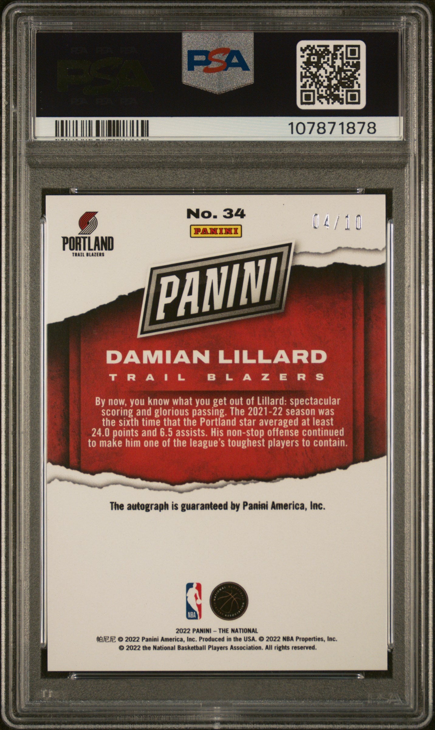2022 Panini The National Damian Lillard #34 Auto /10 PSA 10 Auto 10