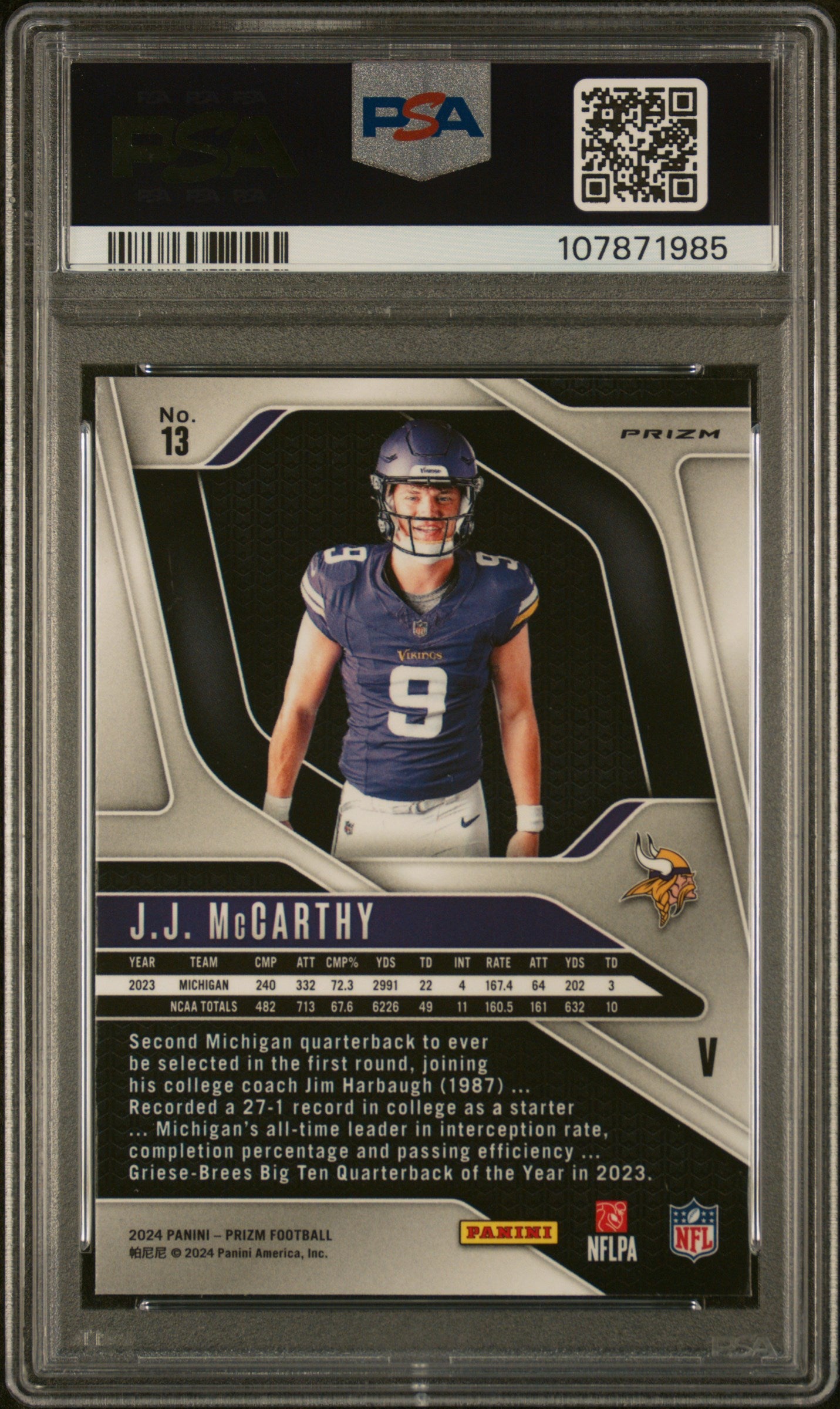 2024 Panini Prizm Rookie Variation JJ McCarthy #13 RC PSA 9