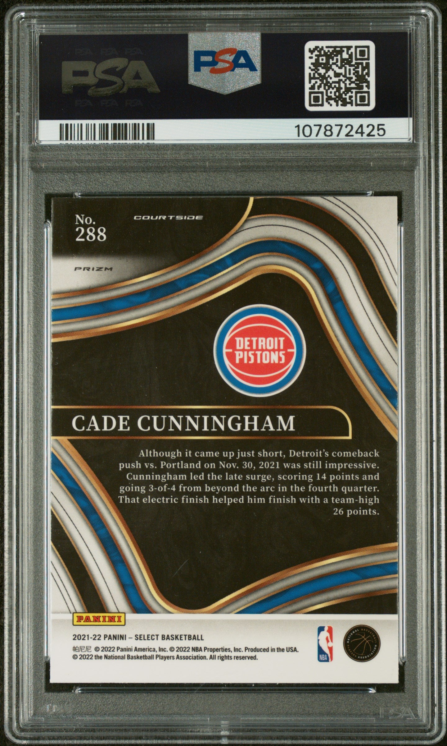 2021 Panini Select Courtside Gold Wave Prizm Cade Cunningham #288 RC PSA 8