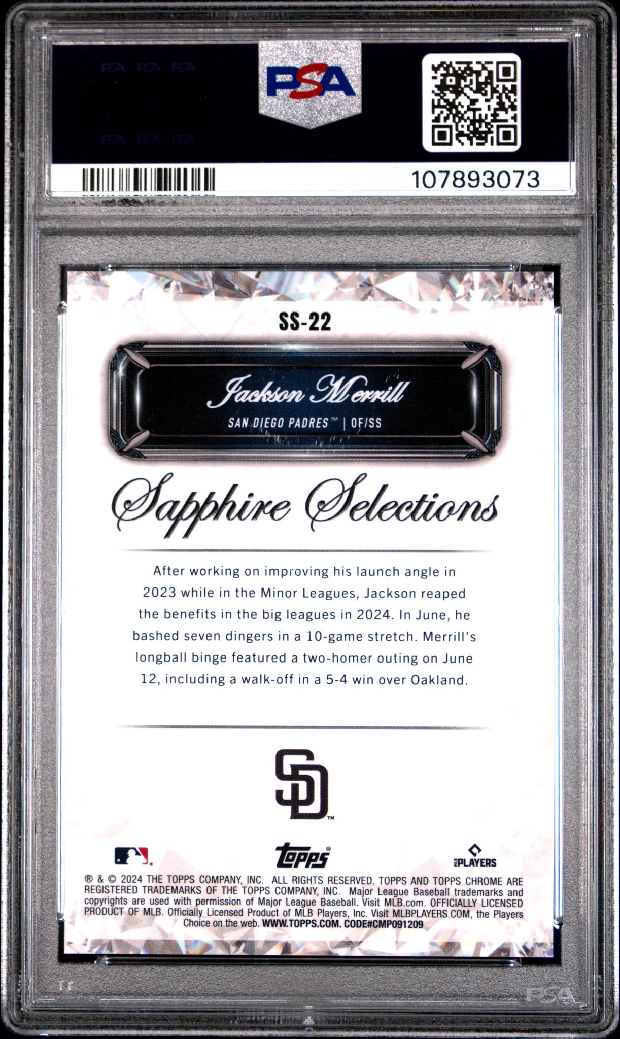 2024 Topps Sapphire Sapphire Selections Red Jackson Merrill #SS22 RC /5 PSA 10