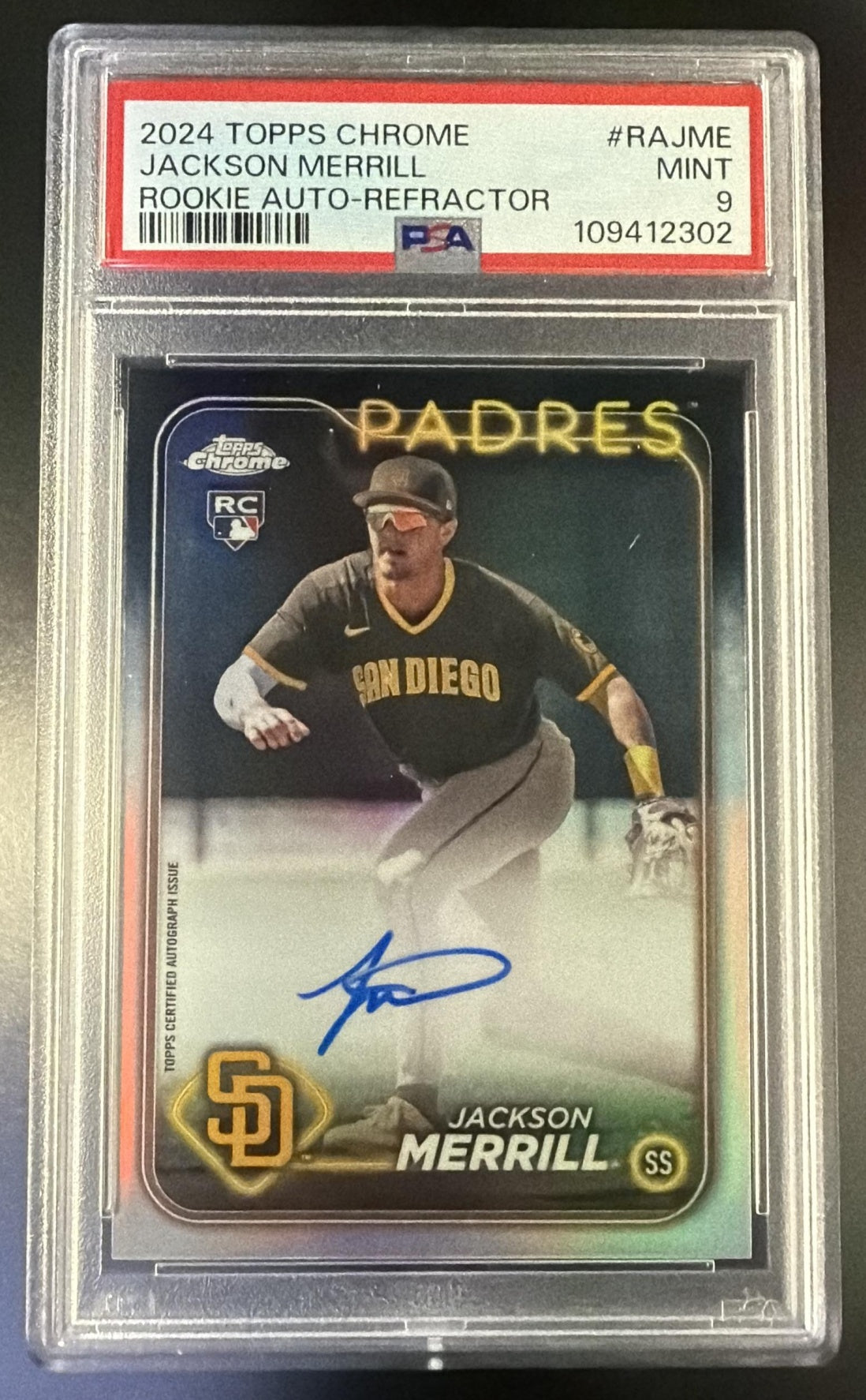 2024 Topps Chrome Rookie Autograph Refractor Jackson Merrill #RAJME /499 PSA 9