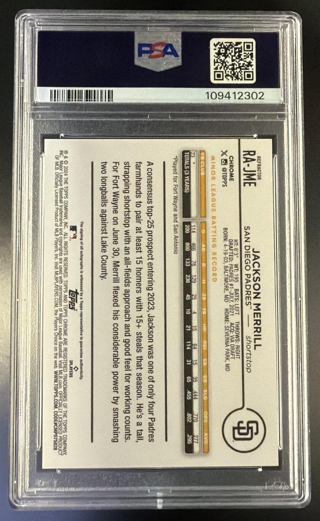 2024 Topps Chrome Rookie Autograph Refractor Jackson Merrill #RAJME /499 PSA 9