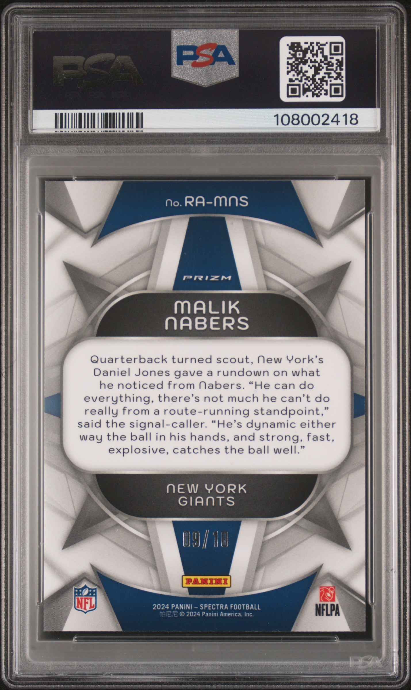 2024 Spectra #RA-MNS Malik Nabers Rookie Aura-Universal /10 PSA 10