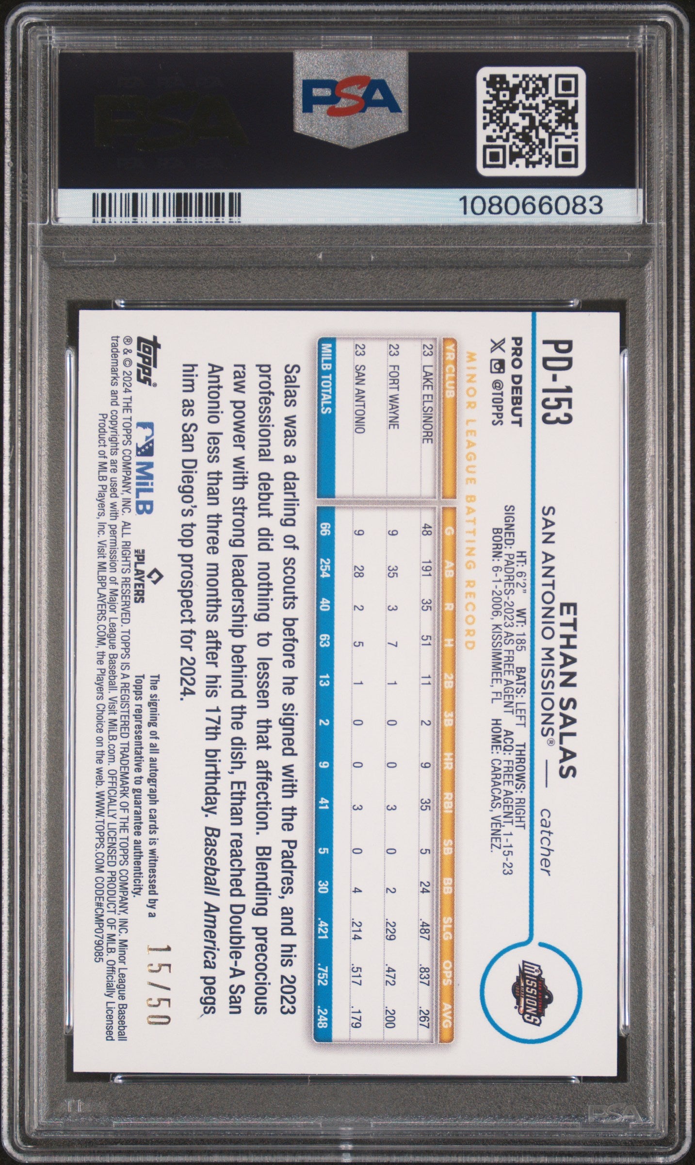 2024 Topps Pro Debut Gold Foil Ethan Salas #PD-153 Auto /50 PSA 9