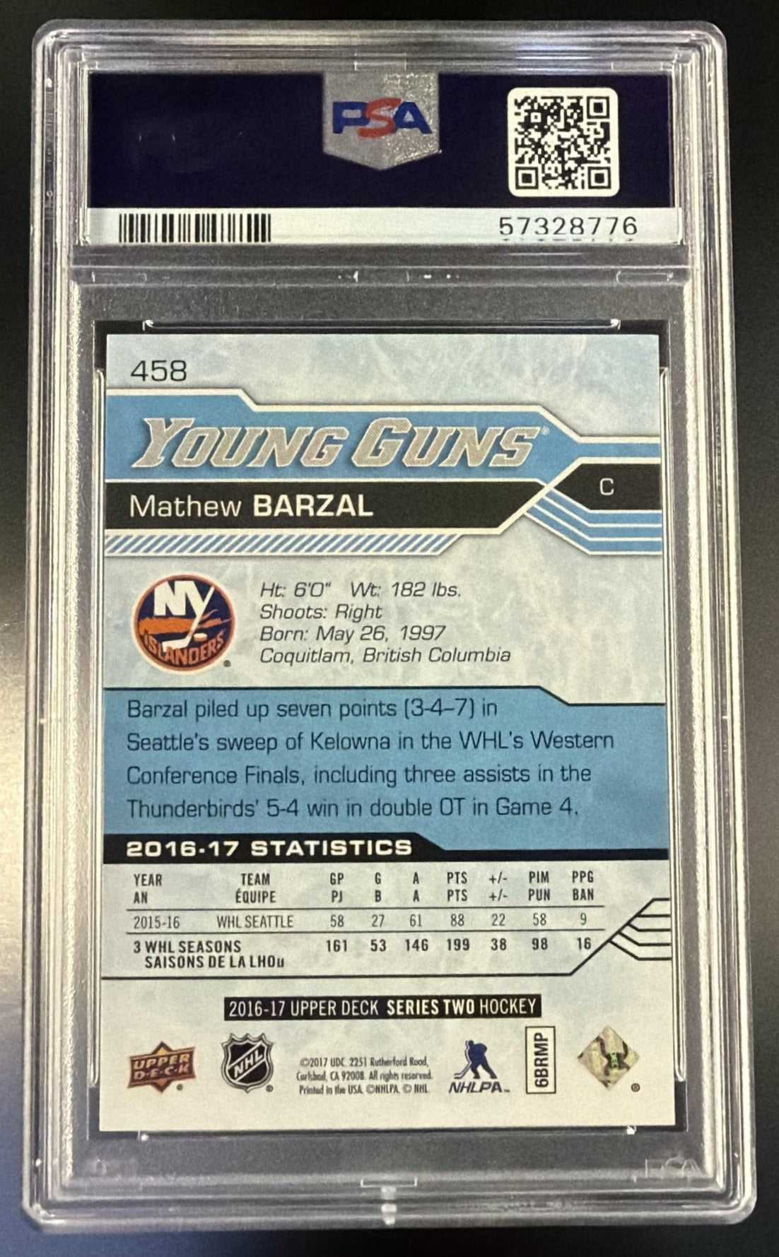 2016 Upper Deck Young Guns Mathew Barzal #458 PSA 10