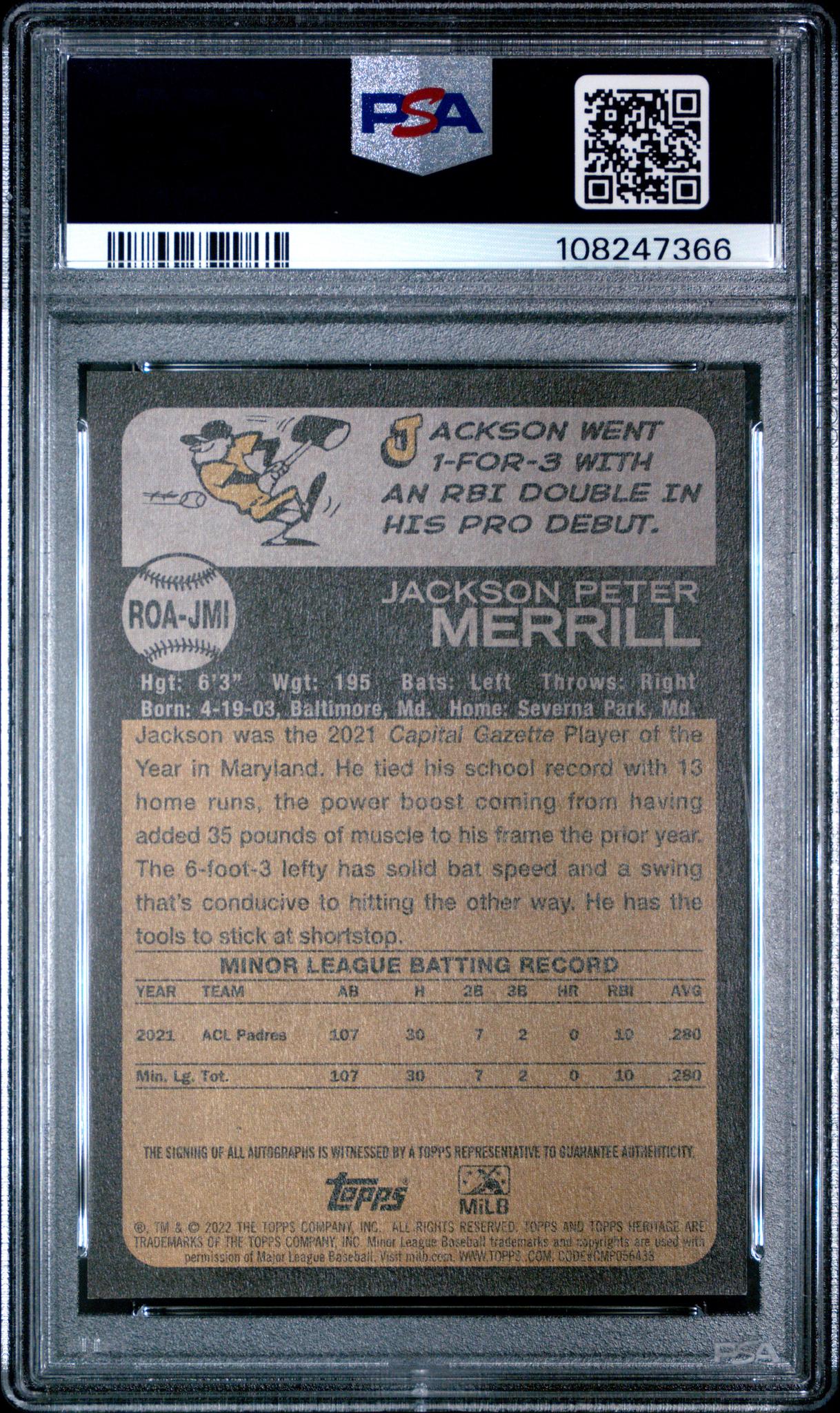 2022 Topps Heritage Minors Real One Autographs Jackson Merrill #ROA-JMI PSA 9