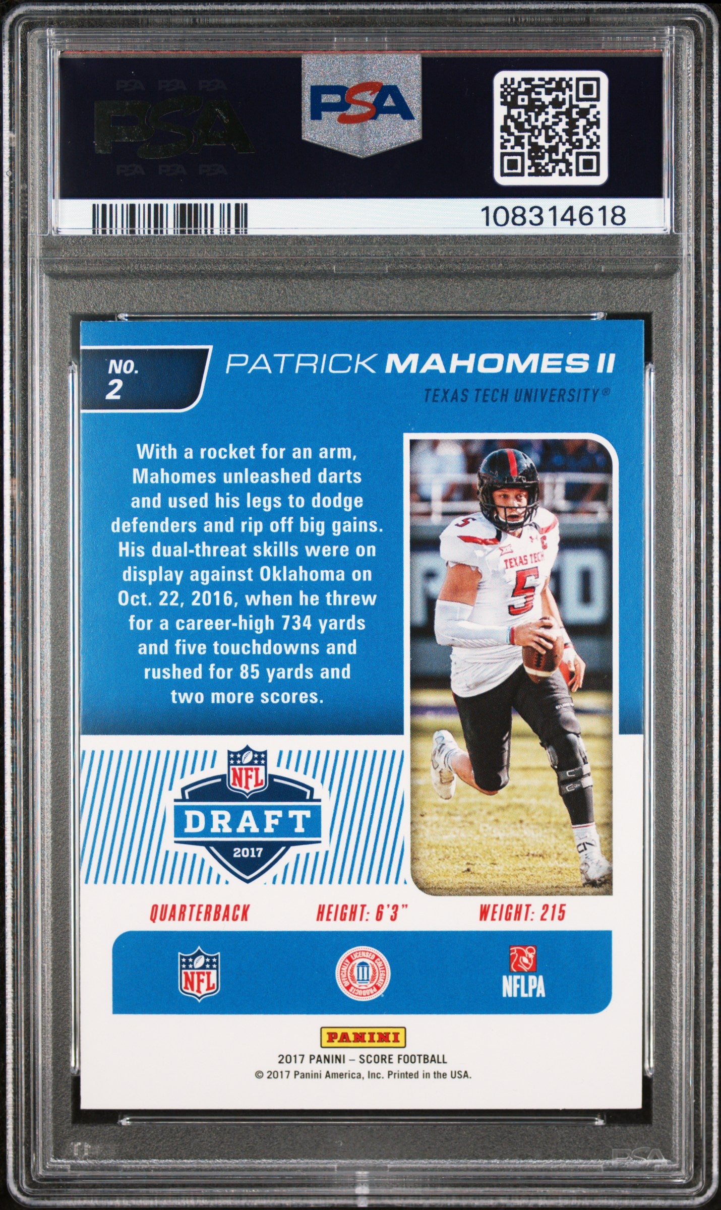 2017 Panini Score NFL Draft Patrick Mahomes II #2 PSA 8.5
