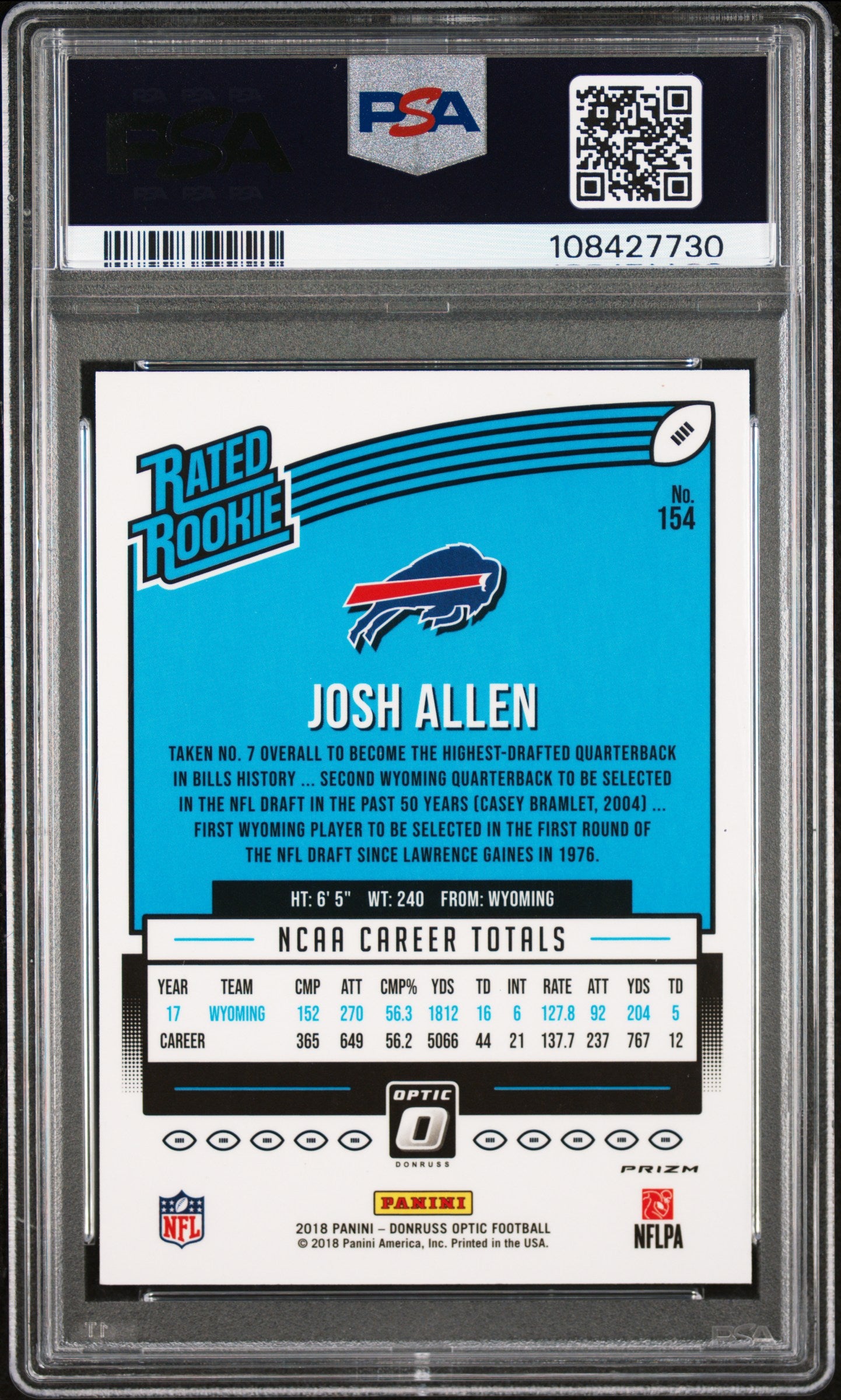 2018 Donruss Optic Rated Rookie Red and Yellow Josh Allen #154 PSA 9